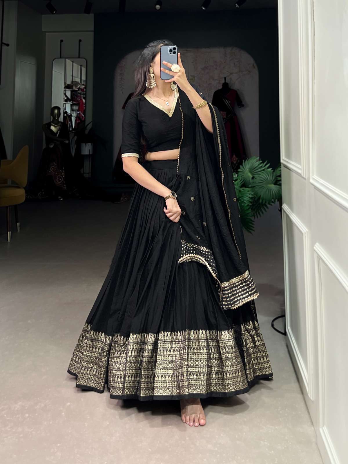 LATEST DESIGNER SOUTH INDIAN WEDDING PARTY WEAR BLACK CHANDERI SILK LEHENGA CHOLI LNB 1906 B