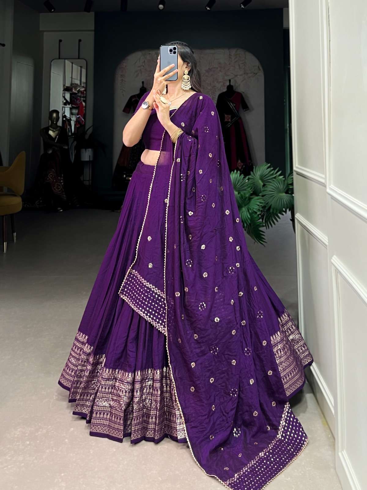 LATEST DESIGNER SOUTH INDIAN WEDDING PARTY WEAR PURPLE CHANDERI SILK LEHENGA CHOLI LNB 1906 C