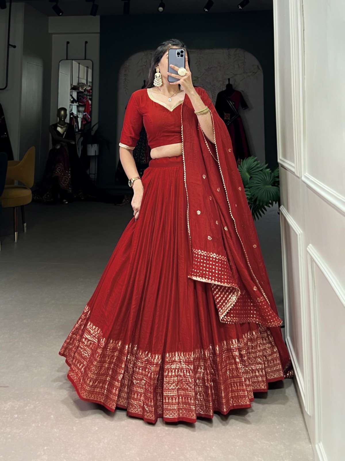LATEST DESIGNER SOUTH INDIAN WEDDING PARTY WEAR RED CHANDERI SILK LEHENGA CHOLI LNB 1906 D