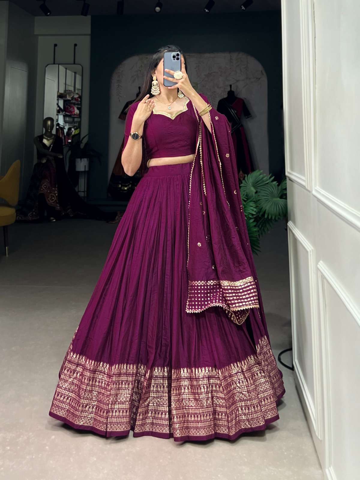 LATEST DESIGNER SOUTH INDIAN WEDDING PARTY WEAR WINE CHANDERI SILK LEHENGA CHOLI LNB 1906 A