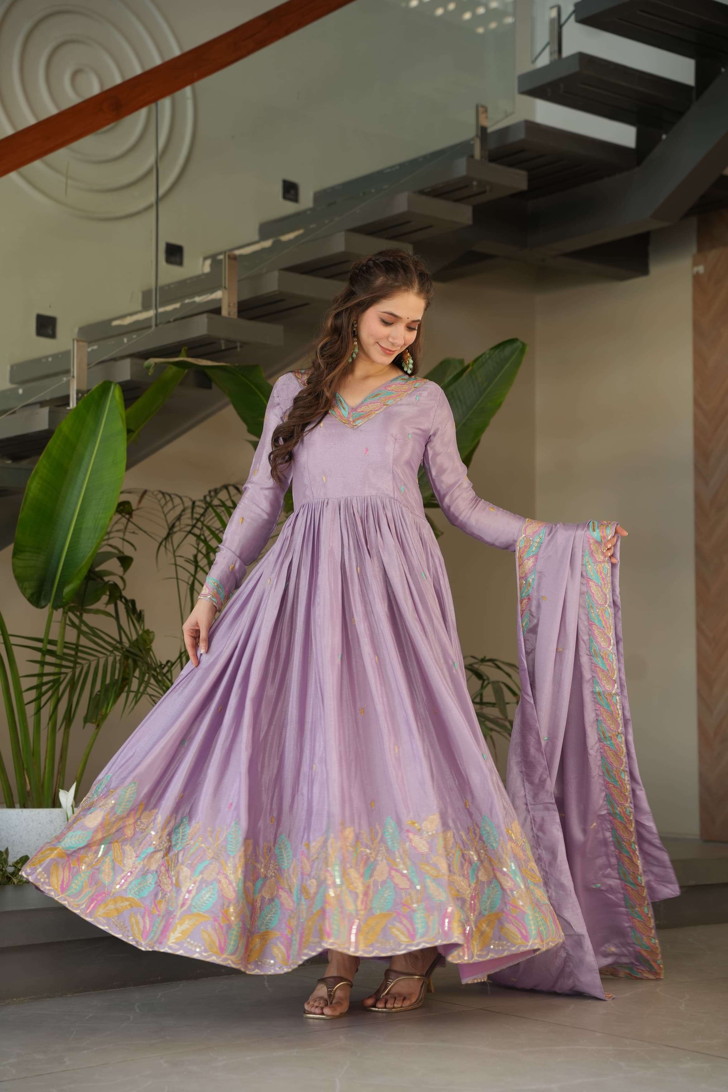 LATEST DESIGNER WEDDING PARTY WEAR READYMADE CHINON PURPLE ANARKALI SUIT LONG GOWN LW 9229 B