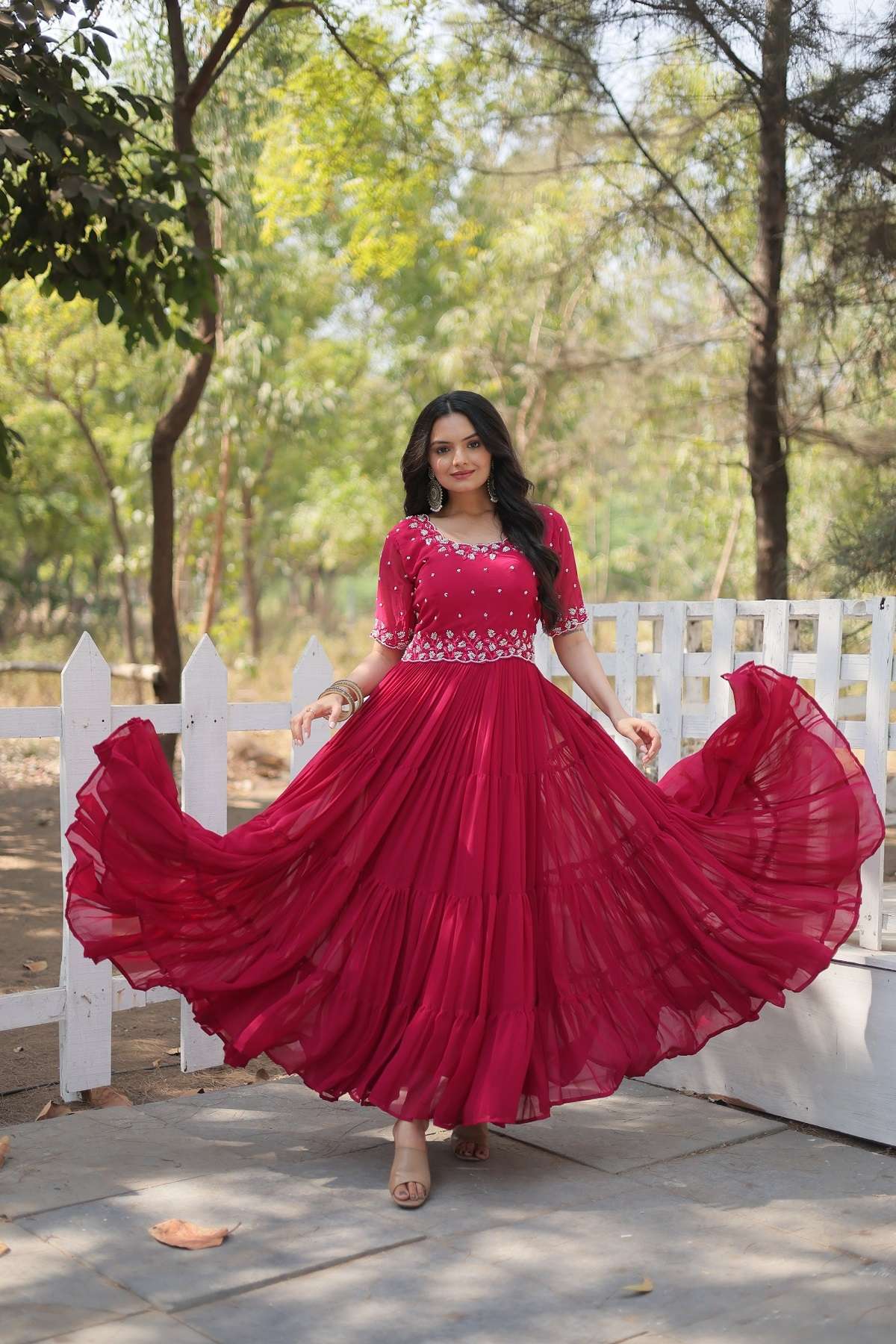 LATEST DESIGNER WEDDING PARTY WEAR READYMADE FAUX BLOOMING PINK ANARKALI SUIT LONG GOWN KUMARI 1112 A