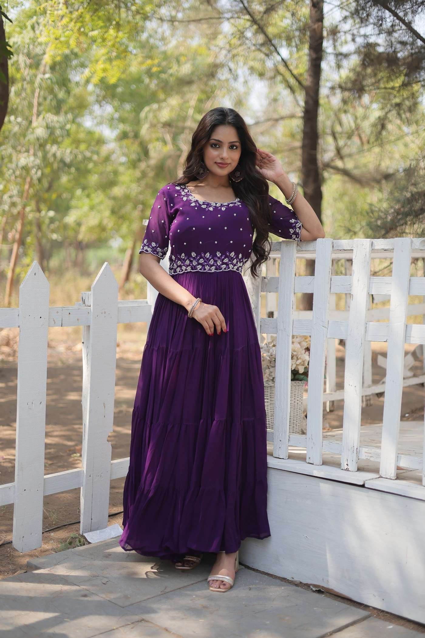 LATEST DESIGNER WEDDING PARTY WEAR READYMADE FAUX BLOOMING PURPLE ANARKALI SUIT LONG GOWN KUMARI 1112 B