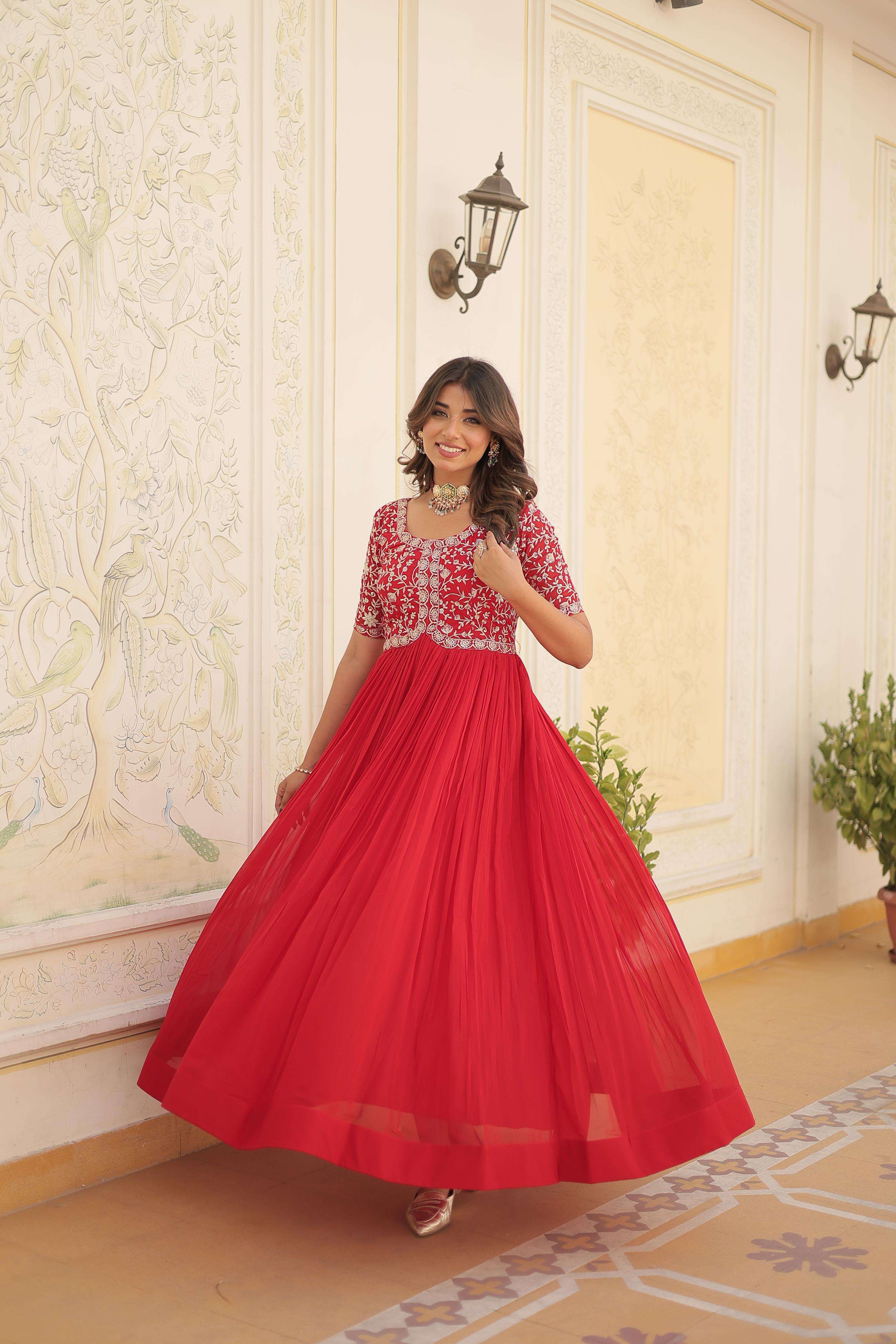 LATEST DESIGNER WEDDING PARTY WEAR READYMADE FAUX BLOOMING RED ANARKALI SUIT LONG GOWN KUMARI 1100 A