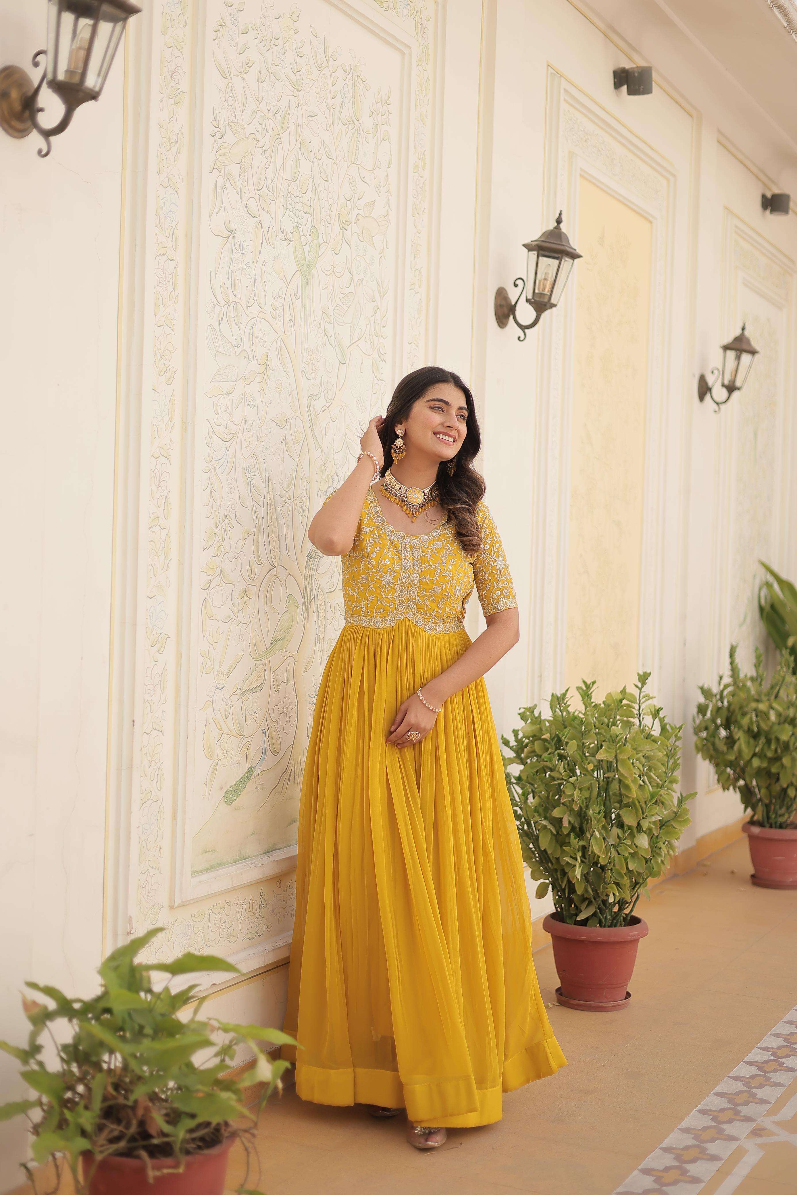 LATEST DESIGNER WEDDING PARTY WEAR READYMADE FAUX BLOOMING YELLOW ANARKALI SUIT LONG GOWN KUMARI 1100 B
