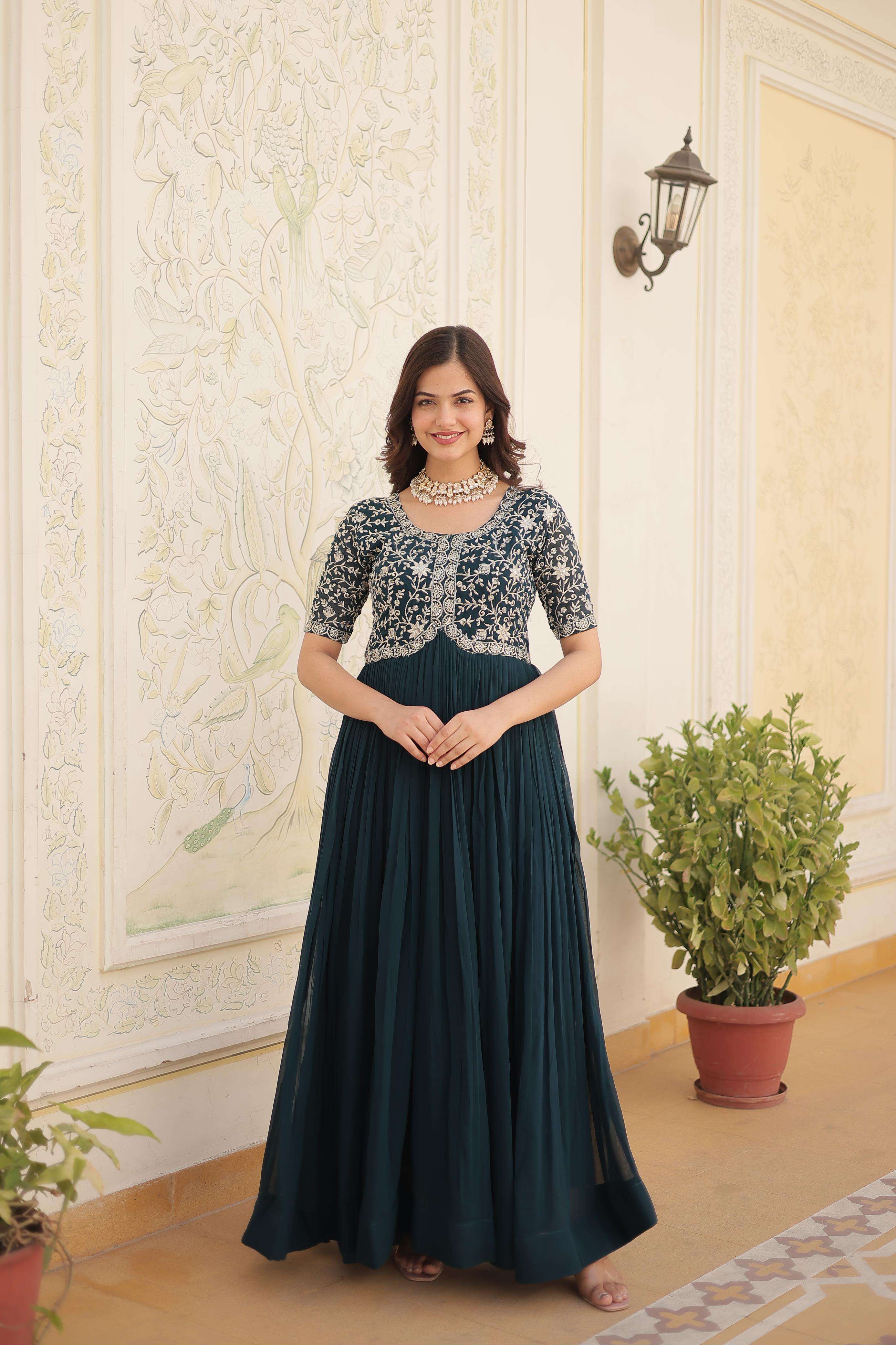 LATEST DESIGNER WEDDING PARTY WEAR READYMADE FAUX BLOOMING GREEN ANARKALI SUIT LONG GOWN KUMARI 1100 C