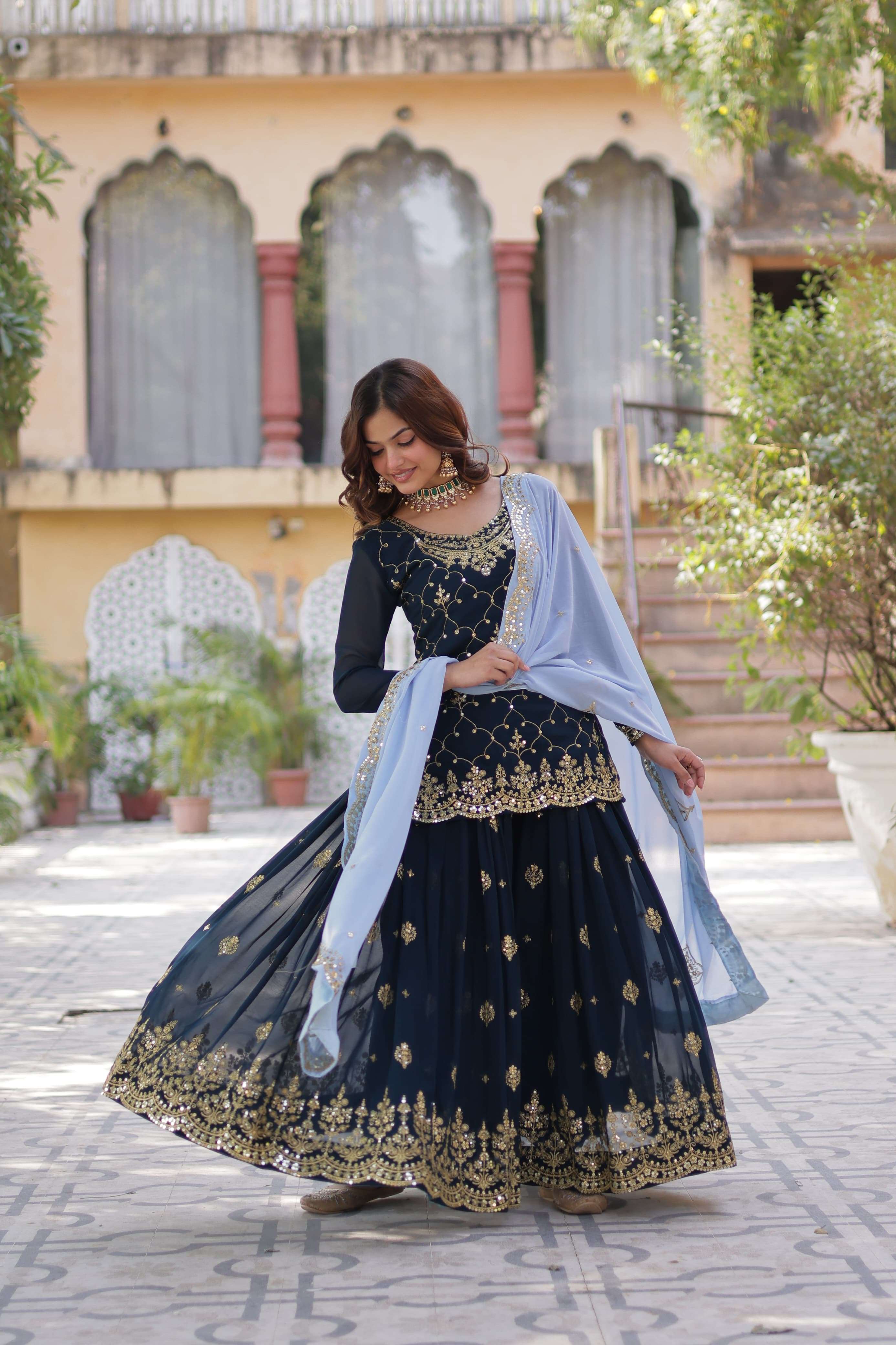 LATEST DESIGNER WEDDING PARTY WEAR READYMADE FAUX BLOOMING RAMA BLUE SHARARA PALLAZO SUIT GOWN KU 1145 A