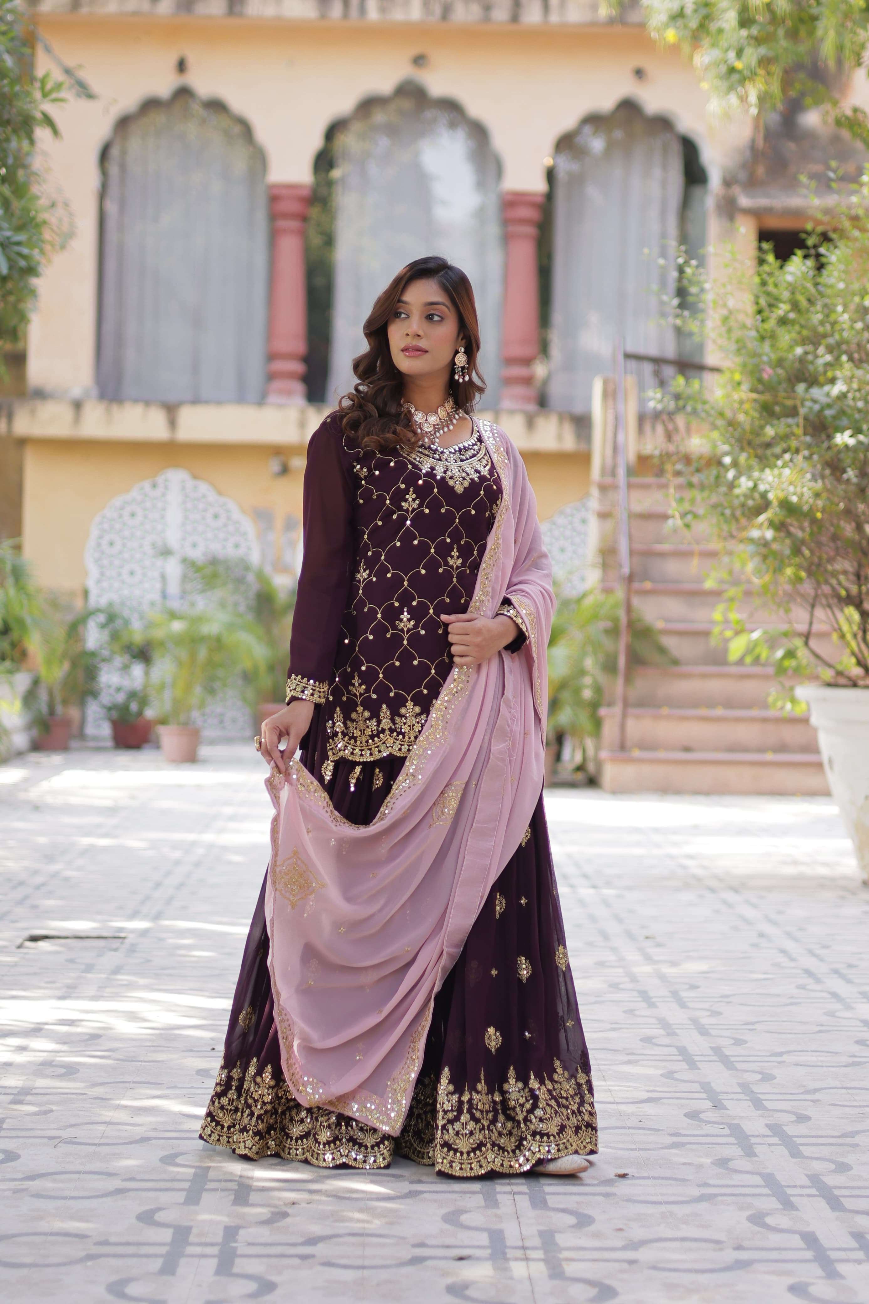 LATEST DESIGNER WEDDING PARTY WEAR READYMADE FAUX BLOOMING WINE COLOR SHARARA PALLAZO SUIT GOWN KU 1145 B