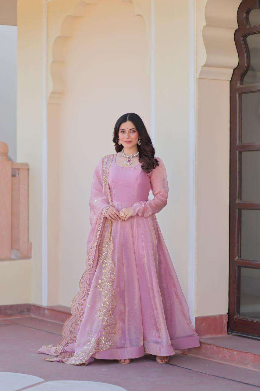 LATEST DESIGNER WEDDING PARTY WEAR READYMADE FENDY CHIFFON LIGHT PINK ANARKALI SUIT LONG GOWN LW 9235 A