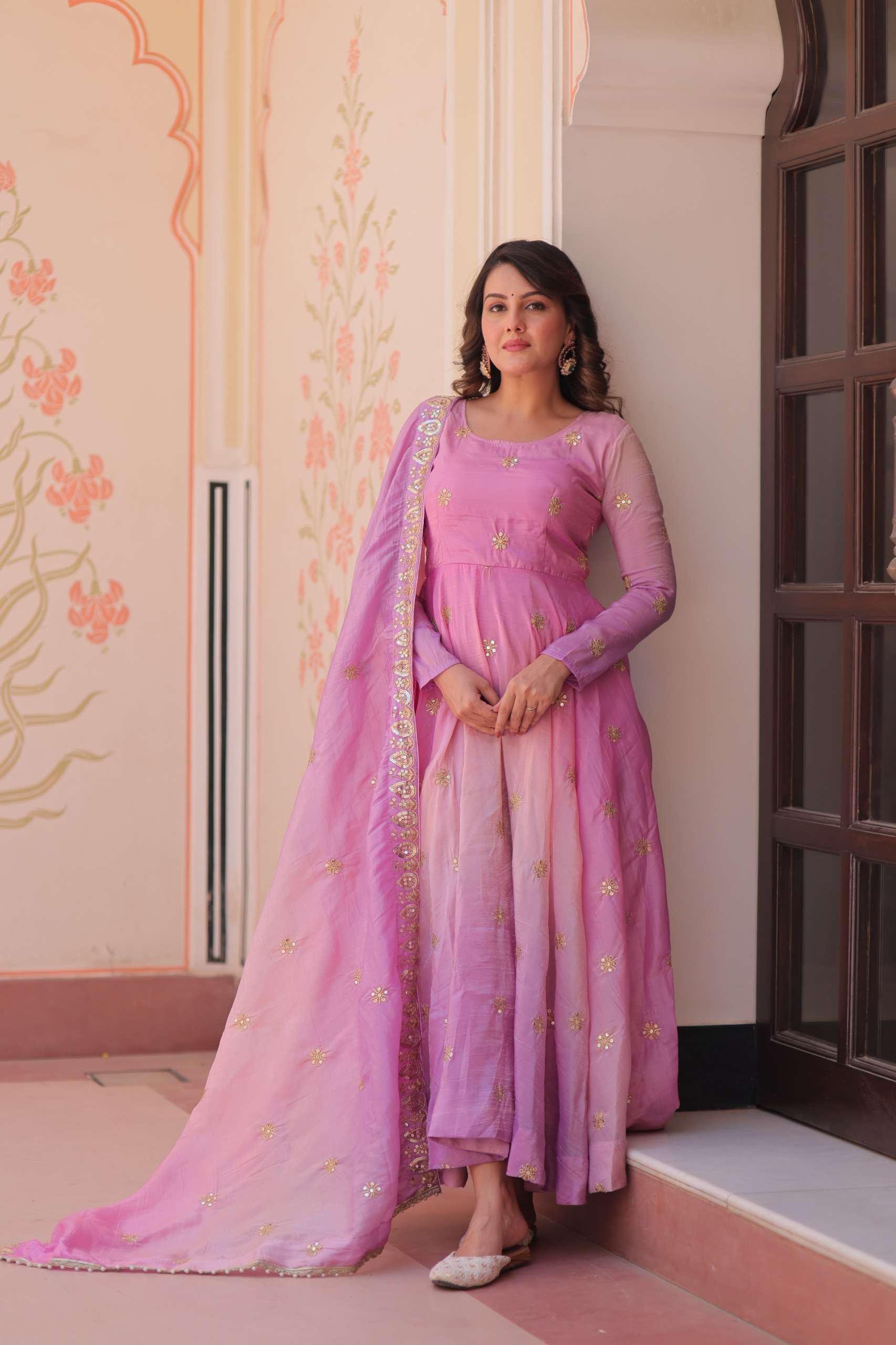 LATEST DESIGNER WEDDING PARTY WEAR READYMADE GOLD ORGANZA PINK ANARKALI SUIT LONG GOWN LW 9238 A