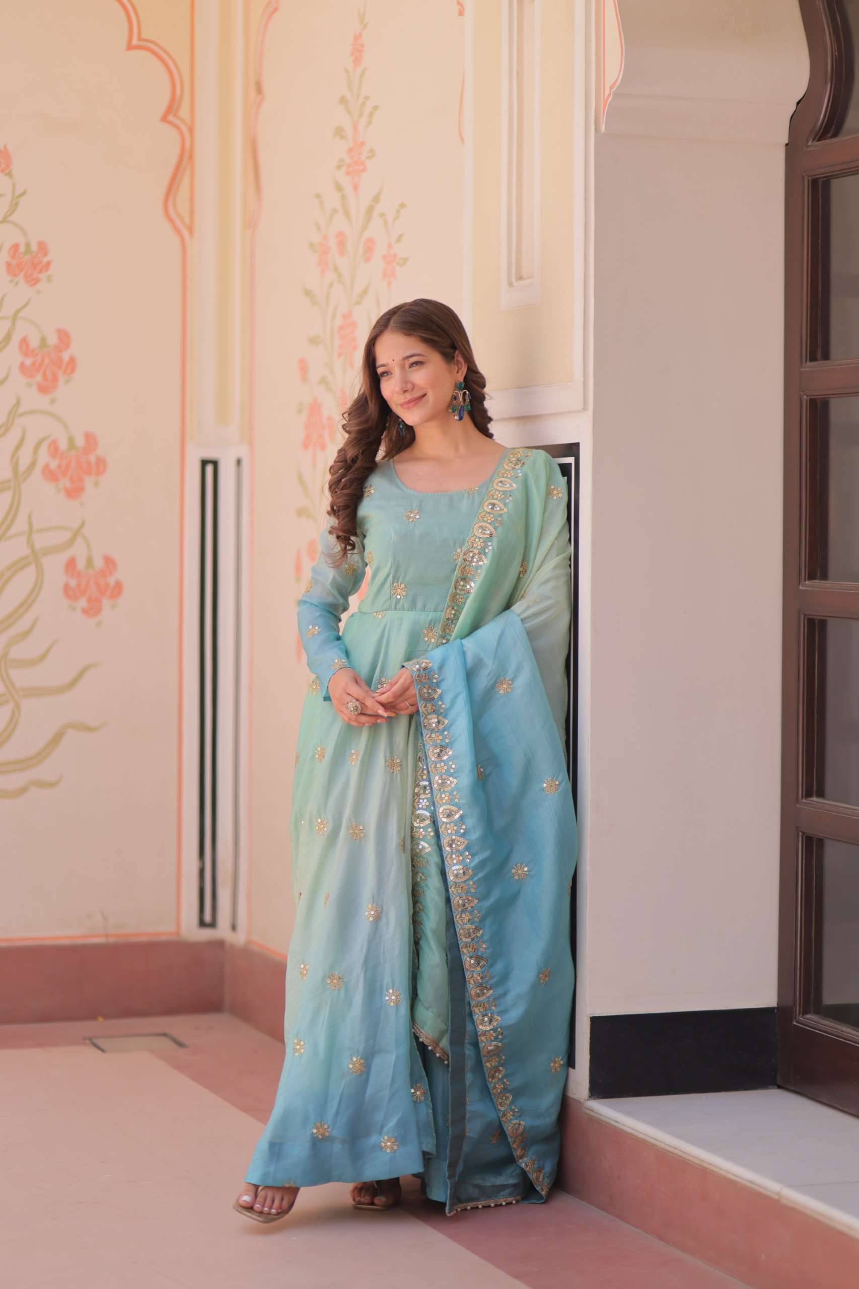 LATEST DESIGNER WEDDING PARTY WEAR READYMADE GOLD ORGANZA SKY BLUE ANARKALI SUIT LONG GOWN LW 9238 B