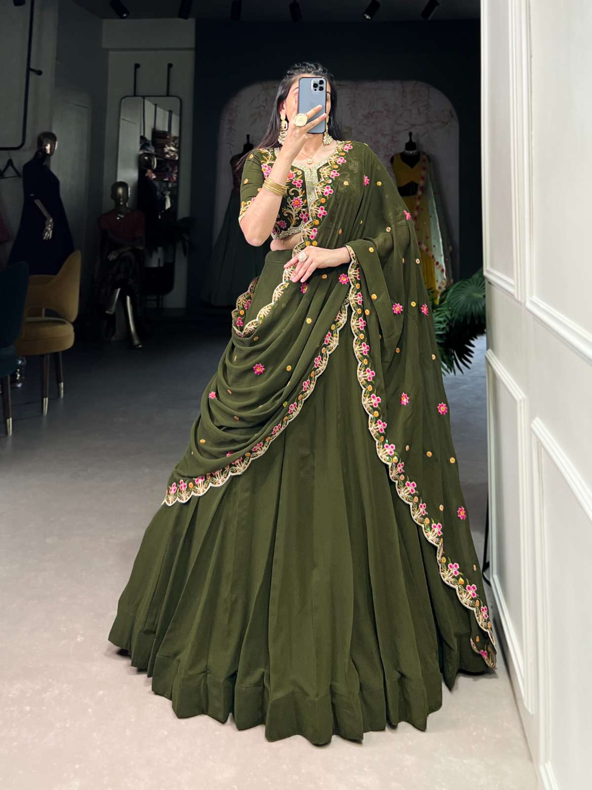 LATEST DESIGNER WEDDING PARTY WEAR REAL GEORGETTE GREEN LEHENGA CHOLI LNB 1419