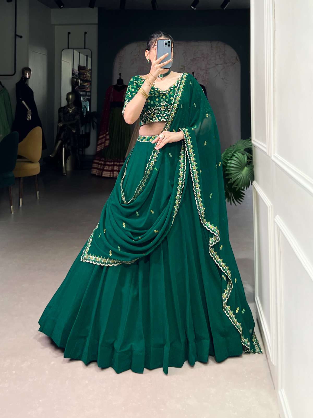 LATEST DESIGNER WEDDING PARTY WEAR REAL GEORGETTE GREEN LEHENGA CHOLI LNB 1447