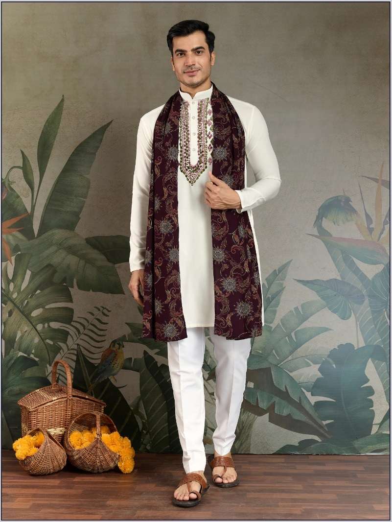 WEDDING PARTY WEAR READYMADE INDIAN MENS VISCOSE RAYON WHITE KURTA DUPATTA KF 61341