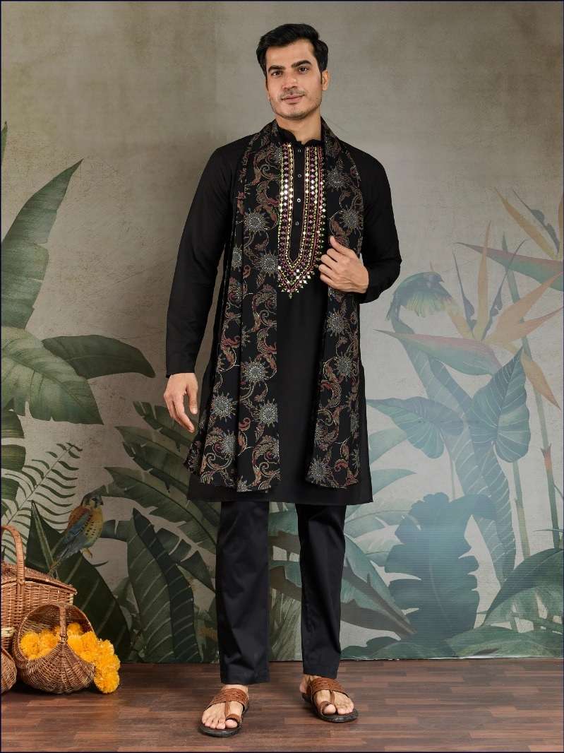 WEDDING PARTY WEAR READYMADE INDIAN MENS VISCOSE RAYON BLACK KURTA DUPATTA KF 61342