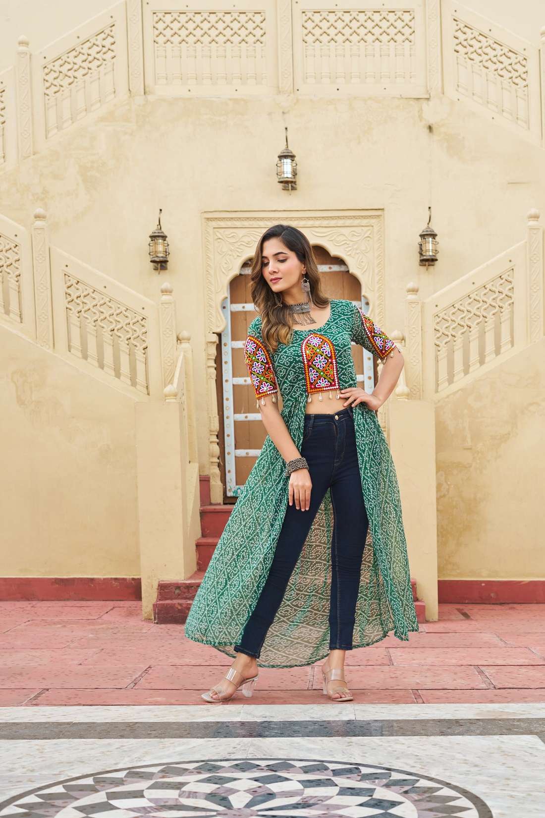 BANDHANI PRINT GEORGETTE READY MADE NAVRATRI GREEN KURTI COLLECTION KU 1189 B