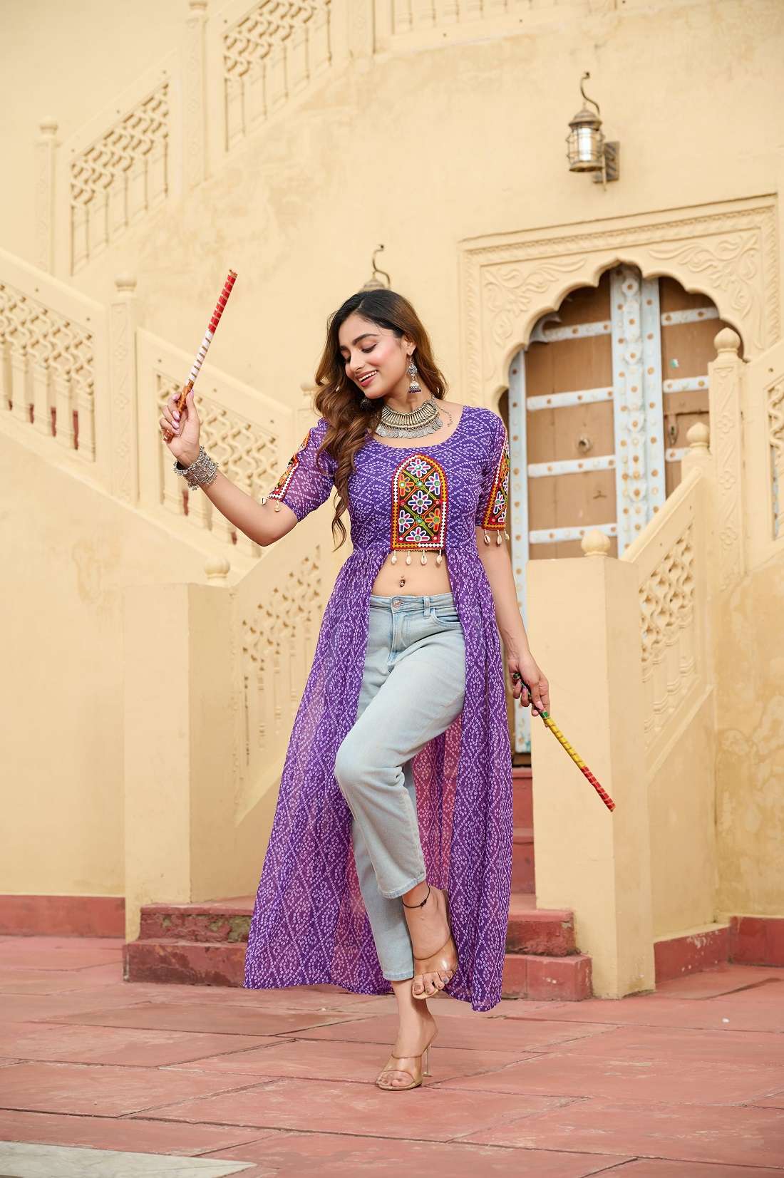 BANDHANI PRINT GEORGETTE READY MADE NAVRATRI PURPLE KURTI COLLECTION KU 1189 C