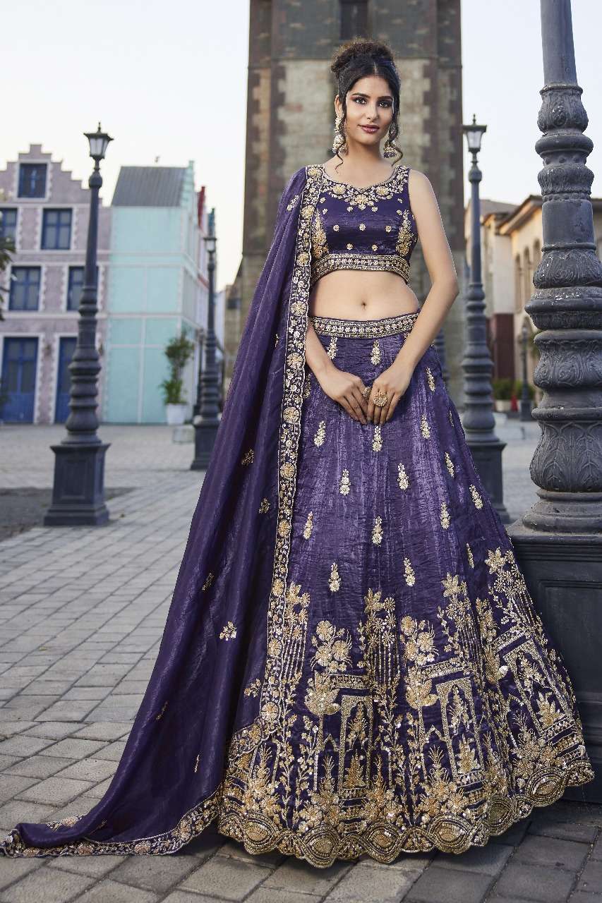 DESIGNER BOLLYWOOD BRIDAL WEDDING PARTY WEAR HAND WORK TISSUE SILK PURPLE LEHENGA CHOLI NT 6158 C