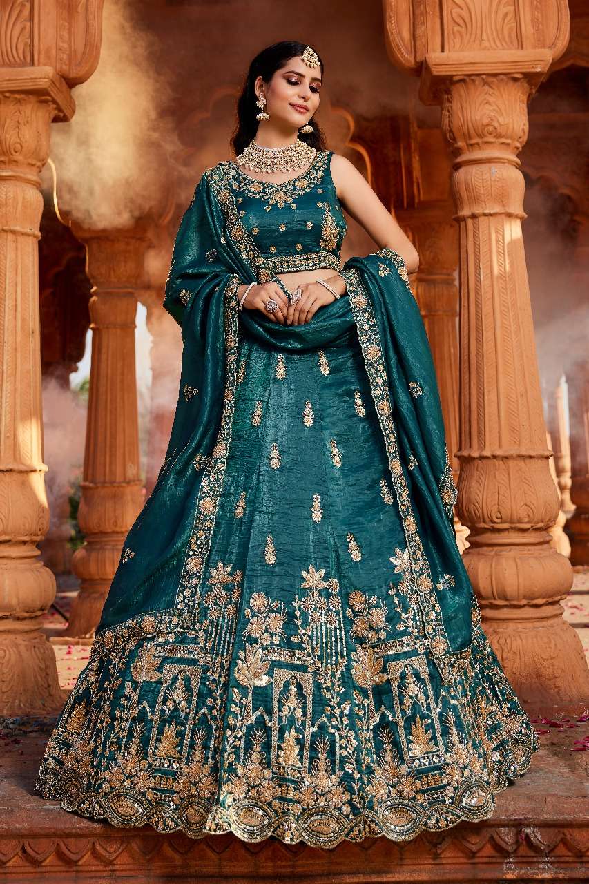 DESIGNER BOLLYWOOD BRIDAL WEDDING PARTY WEAR HAND WORK TISSUE SILK TEAL BLUE LEHENGA CHOLI NT 6158 D