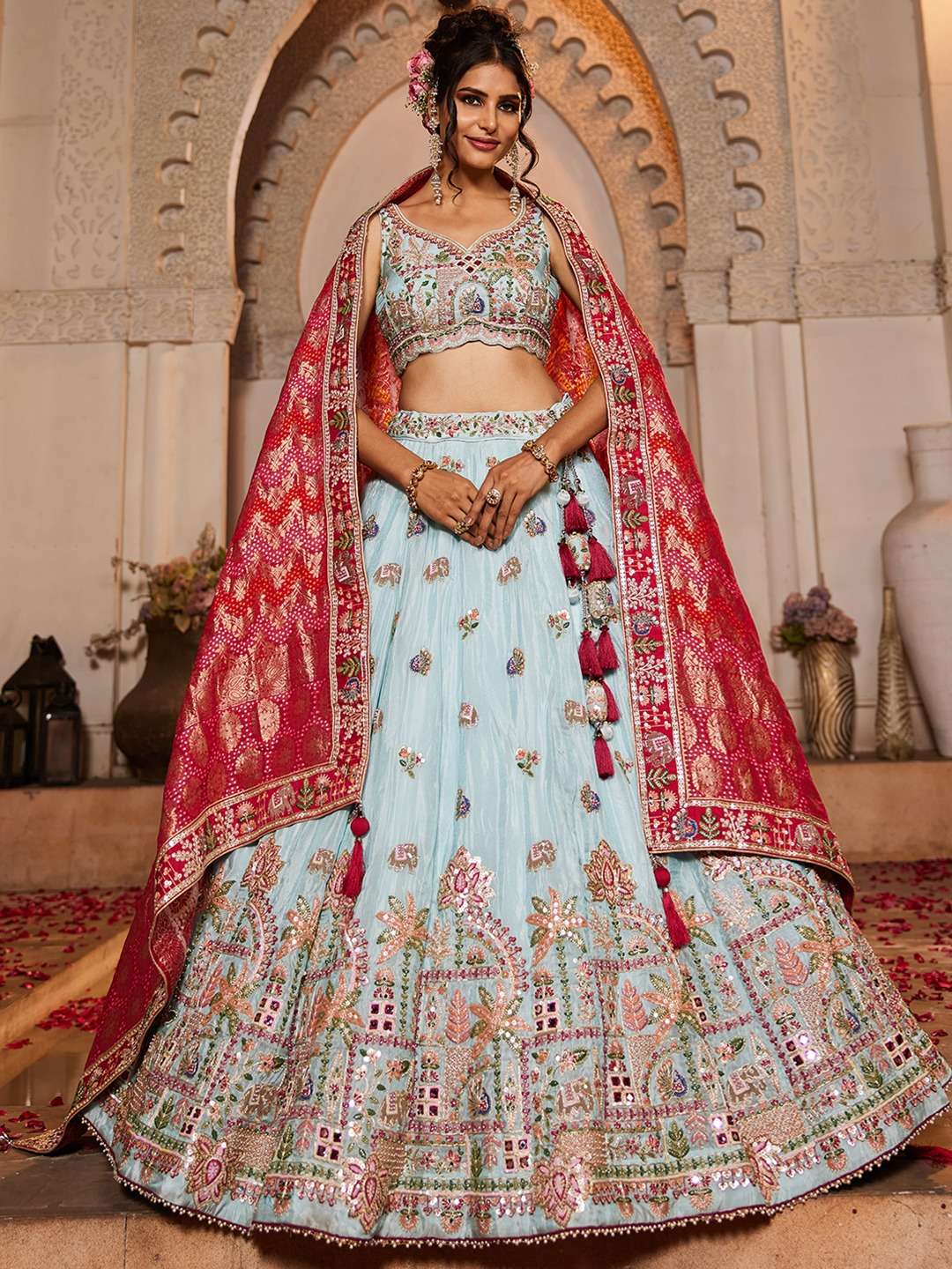 DESIGNER BOLLYWOOD BRIDAL WEDDING PARTY WEAR HAND WORK TISSUE SILK BLUE LEHENGA CHOLI NT 6129 A