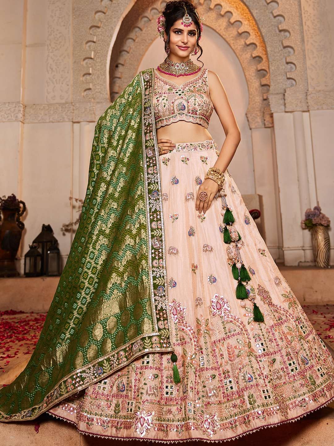 DESIGNER BOLLYWOOD BRIDAL WEDDING PARTY WEAR HAND WORK TISSUE SILK PEACH LEHENGA CHOLI NT 6129 B