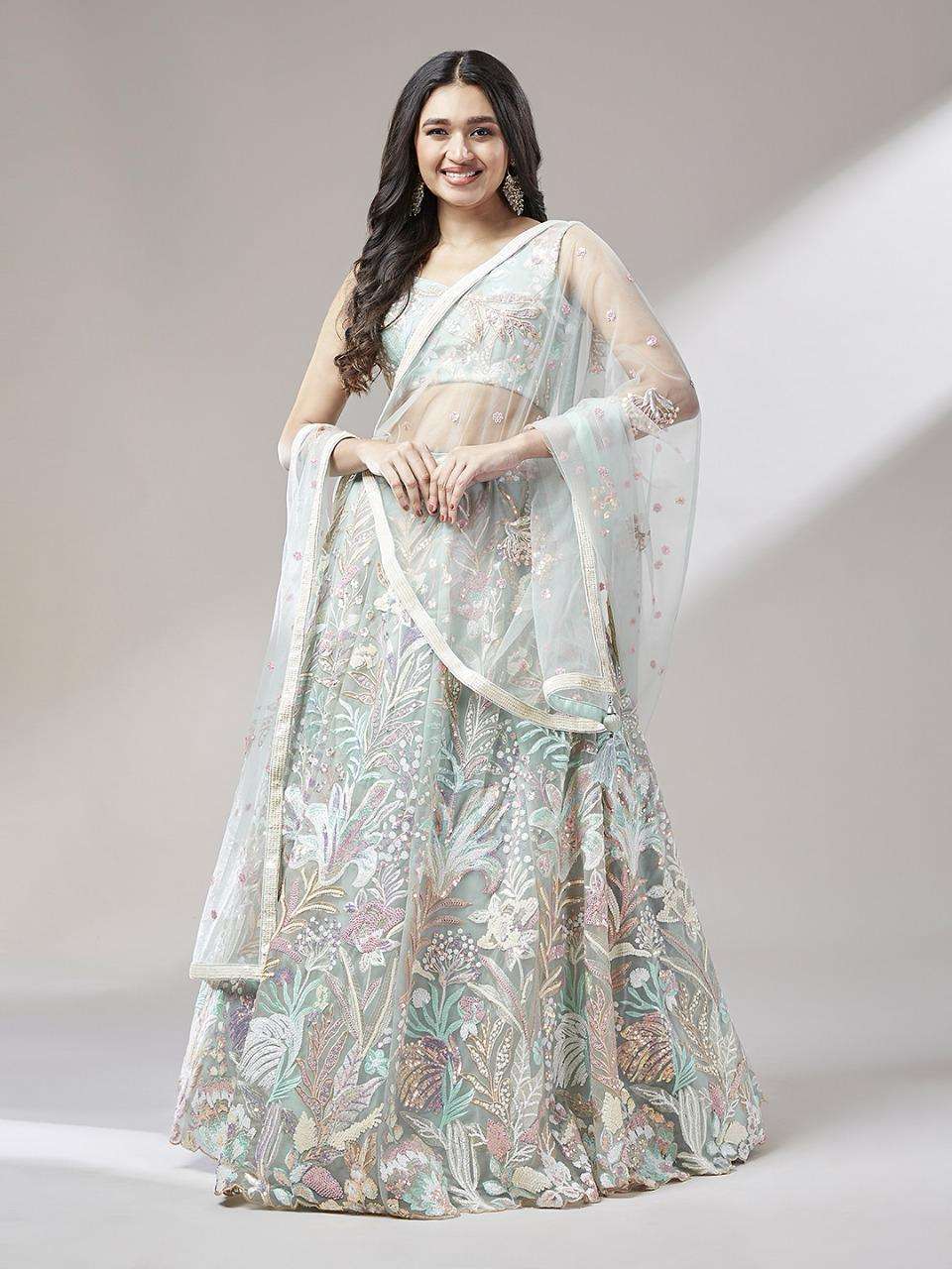 DESIGNER BOLLYWOOD BRIDAL WEDDING PARTY WEAR HEAVY SKY COLOR NET LEHENGA CHOLI SENHORA NT 5748 C