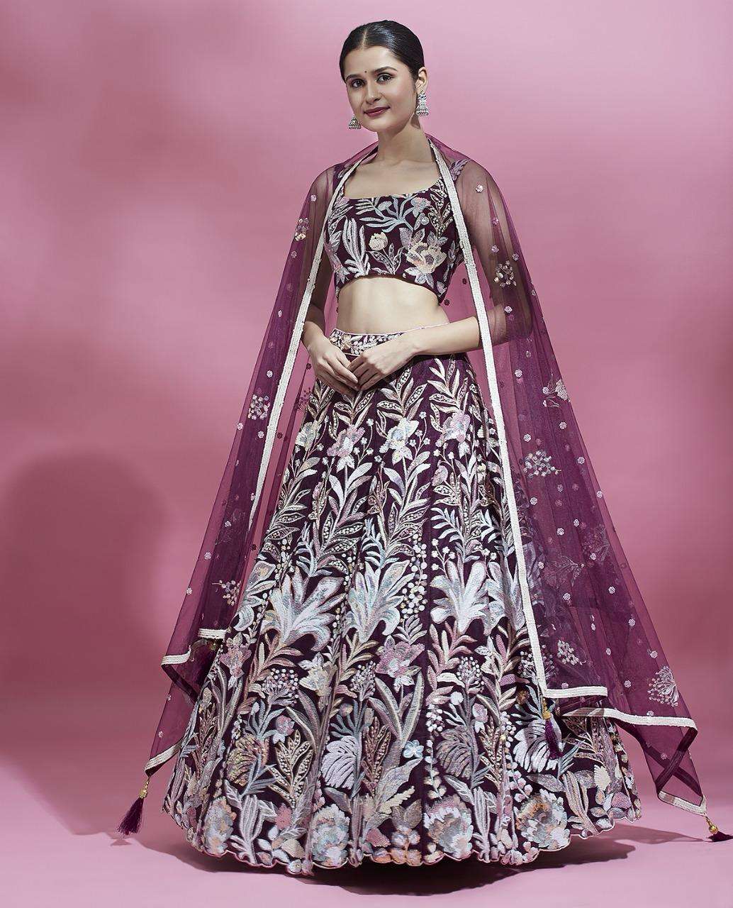 DESIGNER BOLLYWOOD BRIDAL WEDDING PARTY WEAR HEAVY WINE NET LEHENGA CHOLI SENHORA NT 5748 D