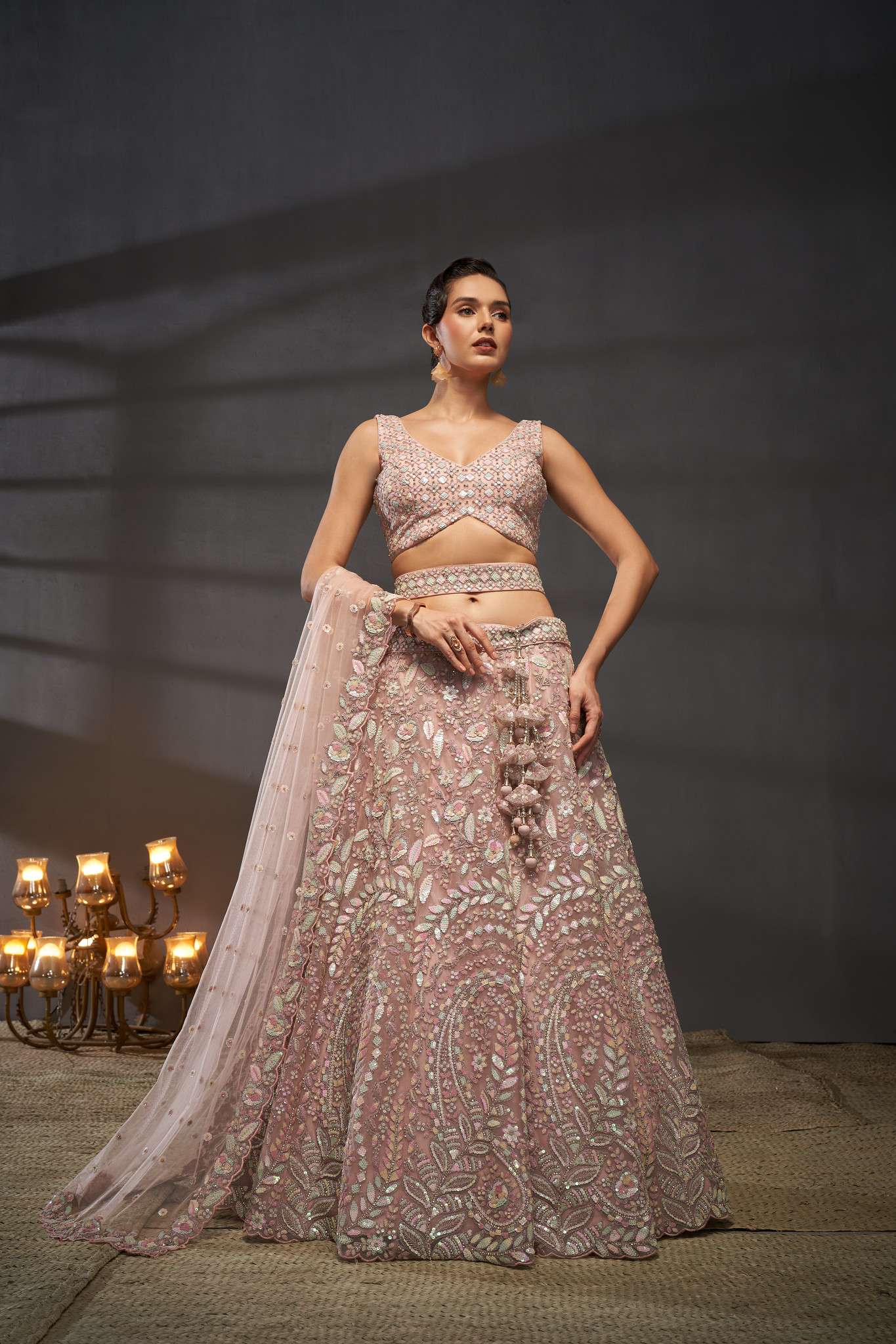 DESIGNER BOLLYWOOD BRIDAL WEDDING WEAR HEAVY HAND WORK PINK NET LEHENGA CHOLI SENHORA DRESSES NT 5829 B