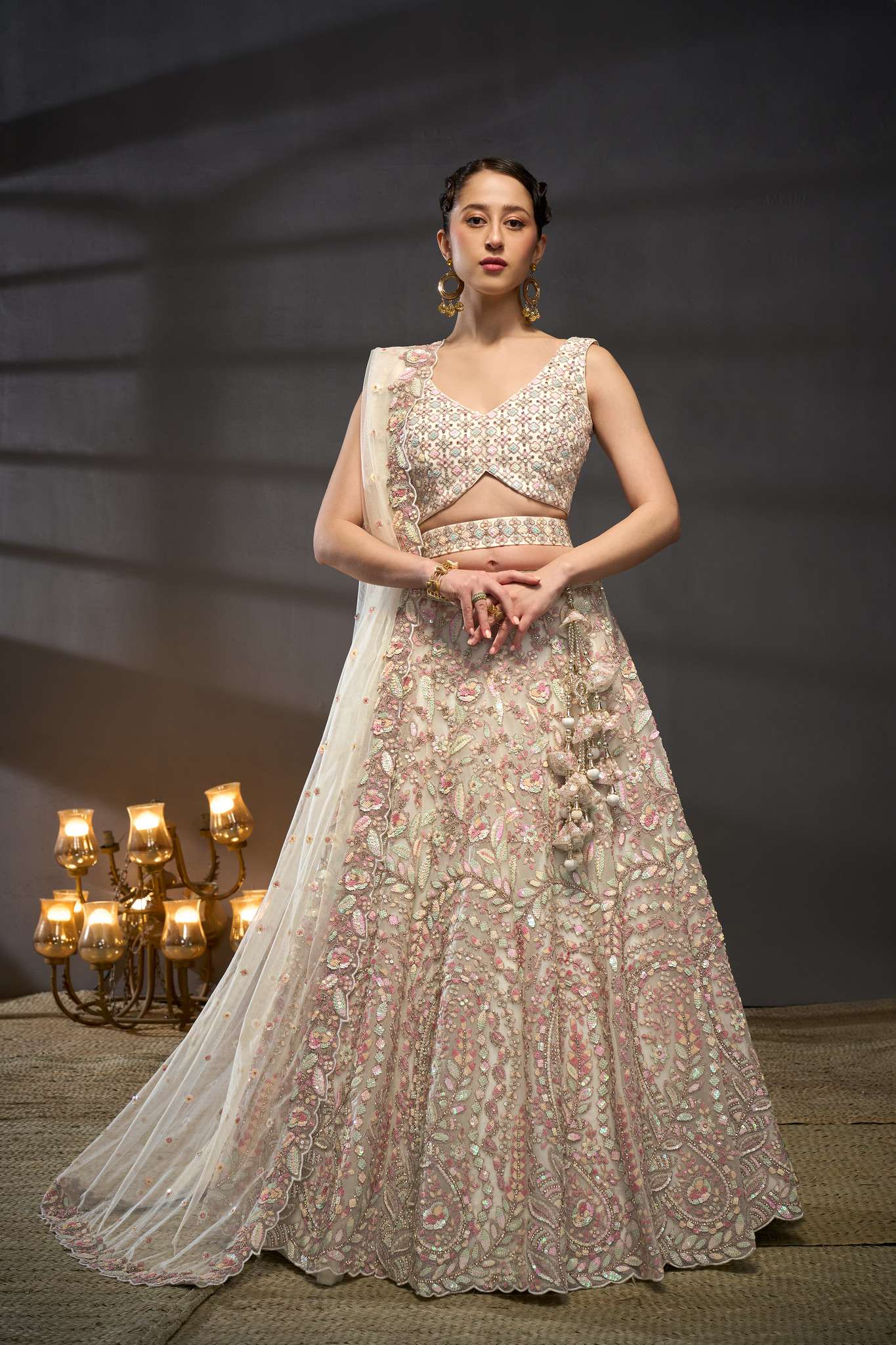 DESIGNER BOLLYWOOD BRIDAL WEDDING WEAR HEAVY HAND WORK CREAM NET LEHENGA CHOLI SENHORA DRESSES NT 5829 C