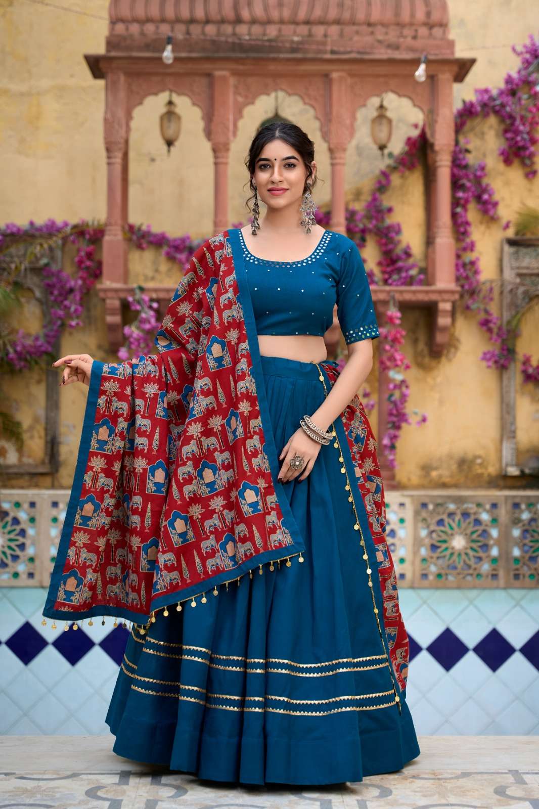 DESIGNER COTTON FABRIC TEAL BLUE LEHENGA CHOLI FOR NAVRATRI COLLECTION LNB 1697 B