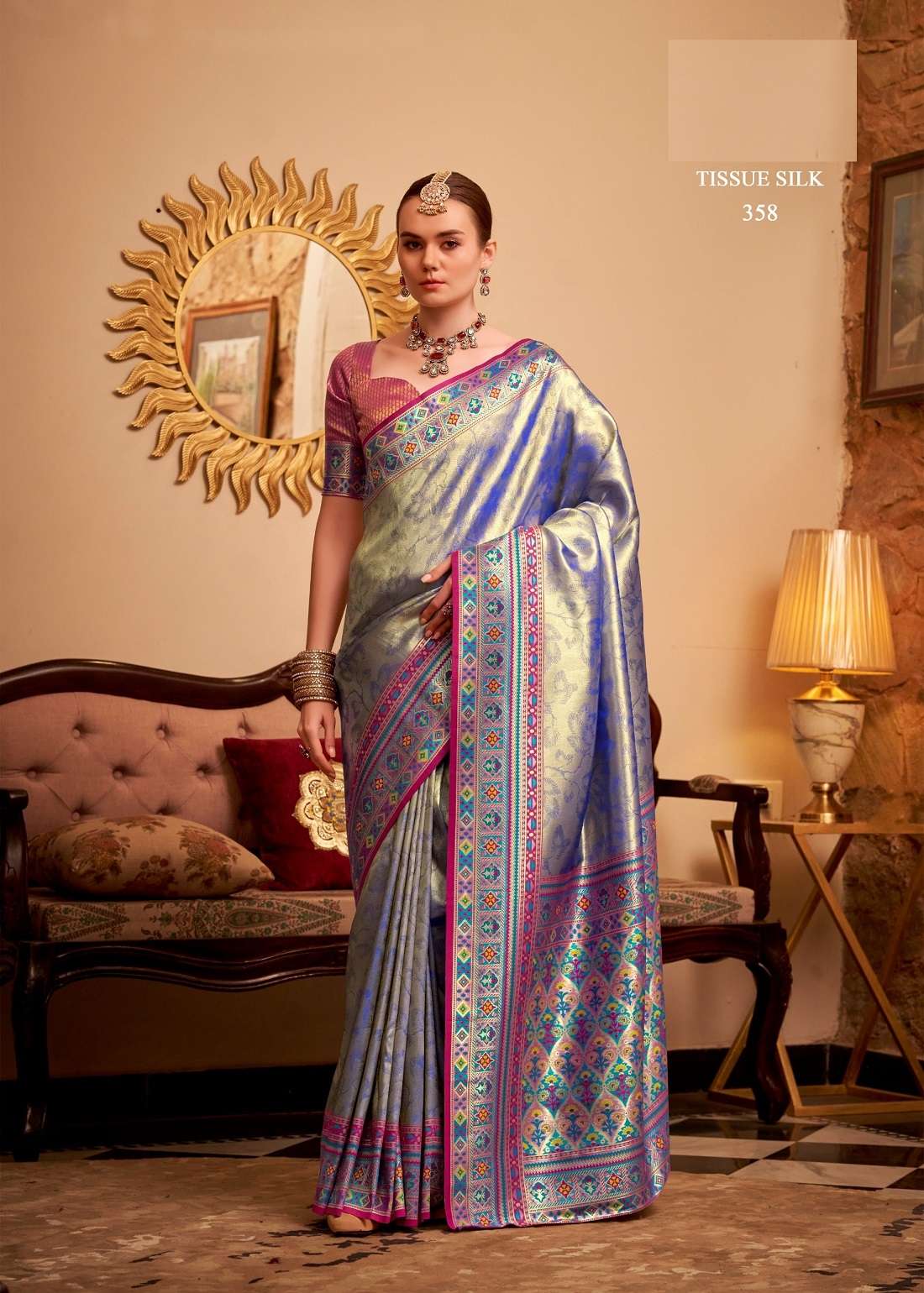 DESIGNER FANCY PARTY WEAR TISSUE SILK BLUE SAREE COLLECTION SM RAJPATH 358