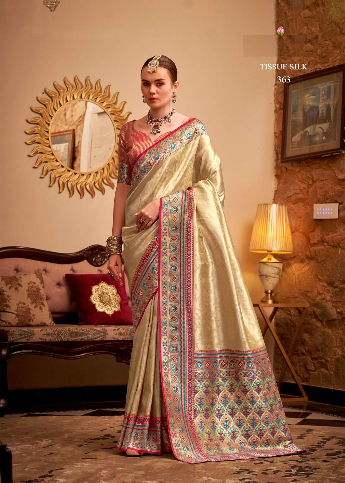 DESIGNER FANCY PARTY WEAR TISSUE SILK CHIKU SAREE COLLECTION SM RAJPATH 363