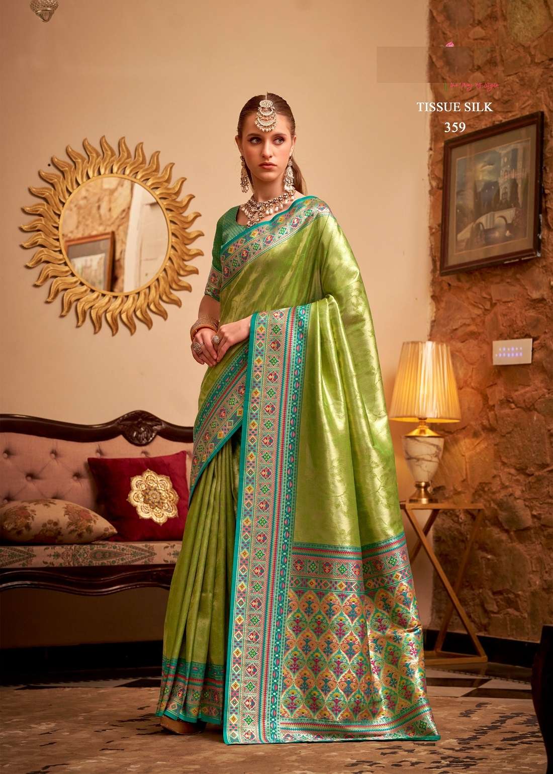 DESIGNER FANCY PARTY WEAR TISSUE SILK GREEN SAREE COLLECTION SM RAJPATH 359