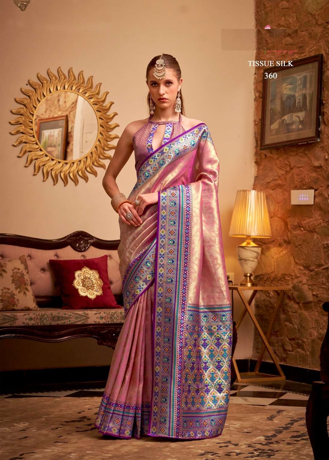 DESIGNER FANCY PARTY WEAR TISSUE SILK PEACH SAREE COLLECTION SM RAJPATH 360