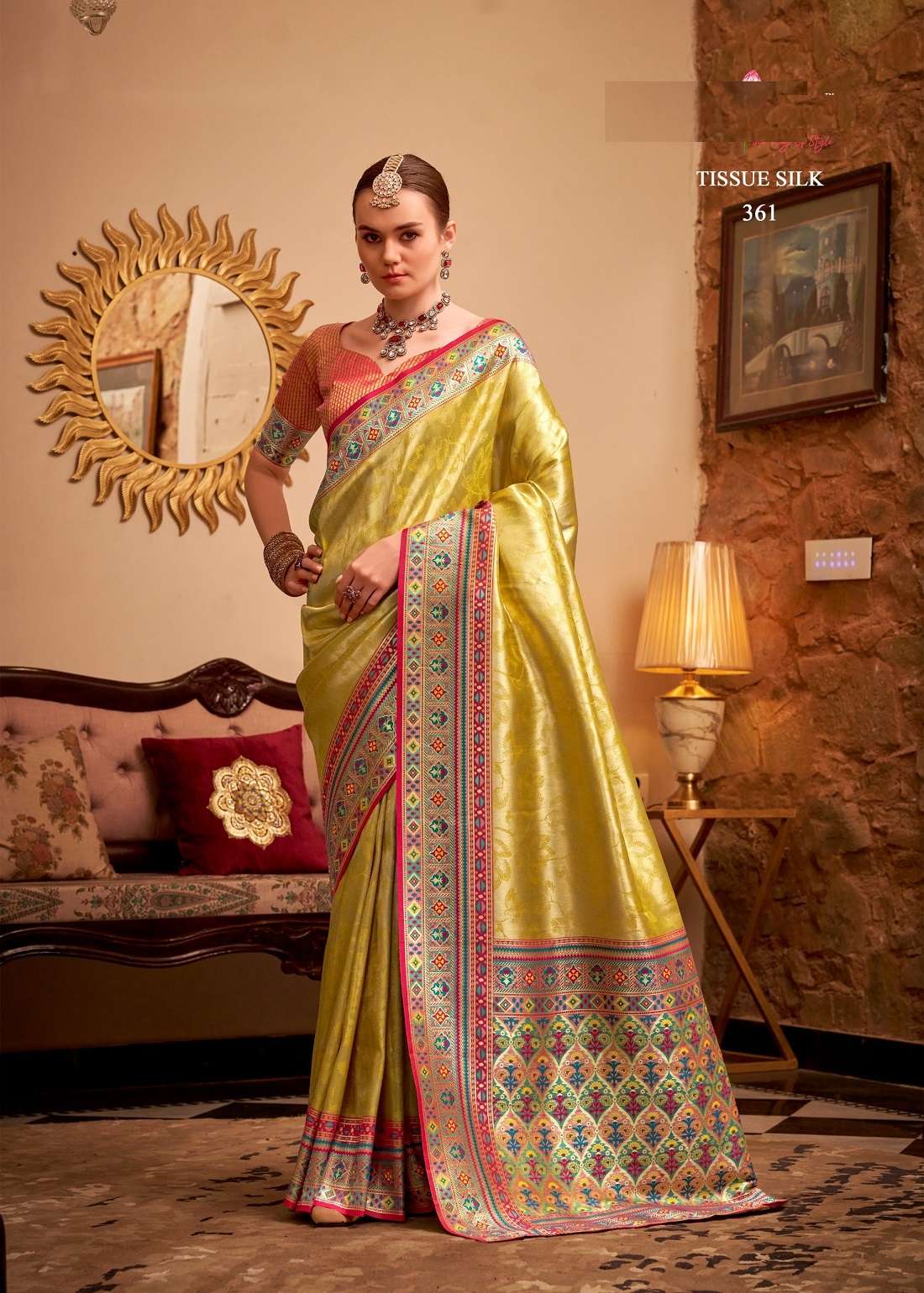 DESIGNER FANCY PARTY WEAR TISSUE SILK YELLOW SAREE COLLECTION SM RAJPATH 361