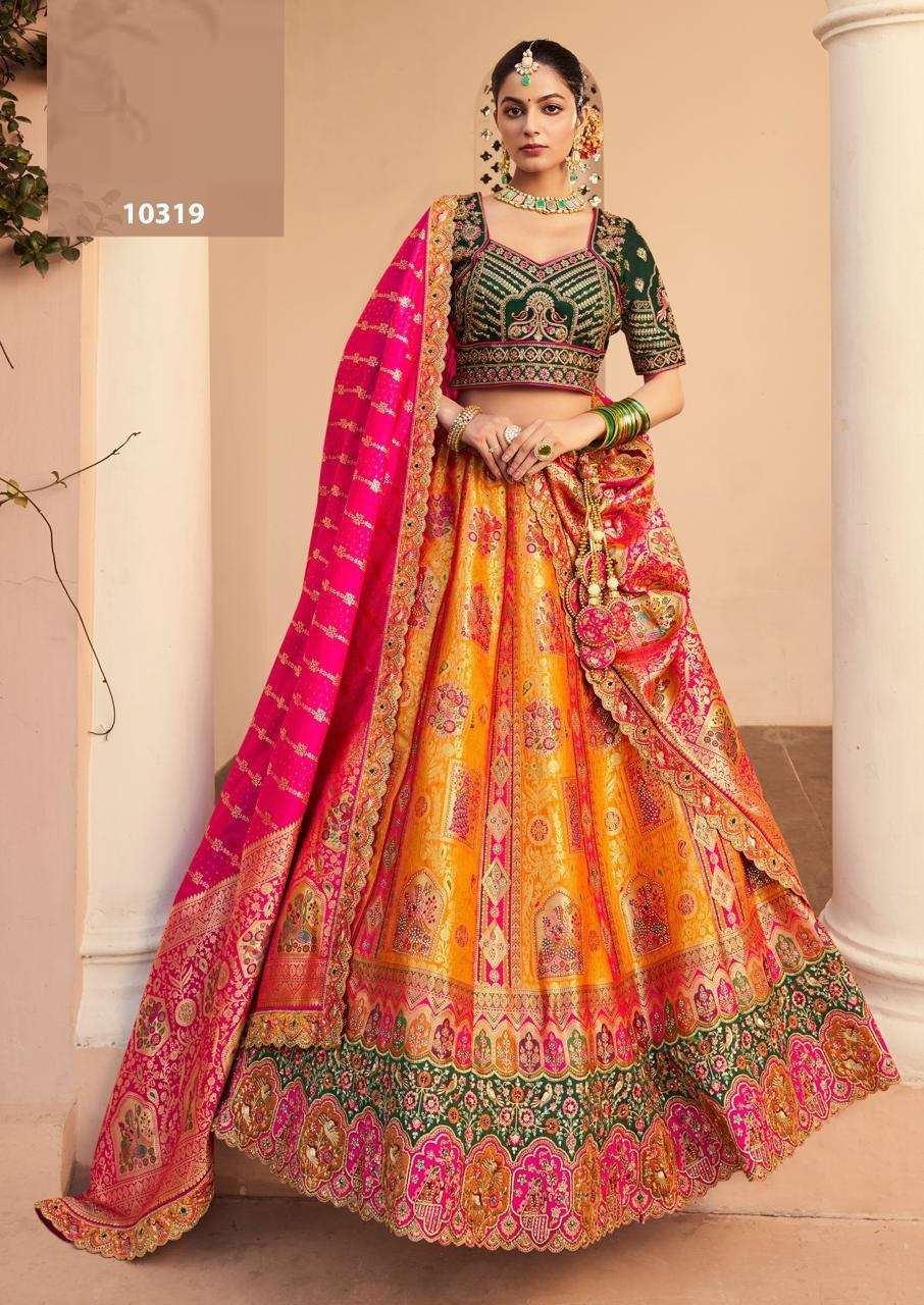 DESIGNER FANCY WEDDING BRIDAL WEAR INDIAN HEAVY BANARASI SILK YELLOW LEHENGA CHOLI WITH SILK DUPATTA SM ROYAL 10319