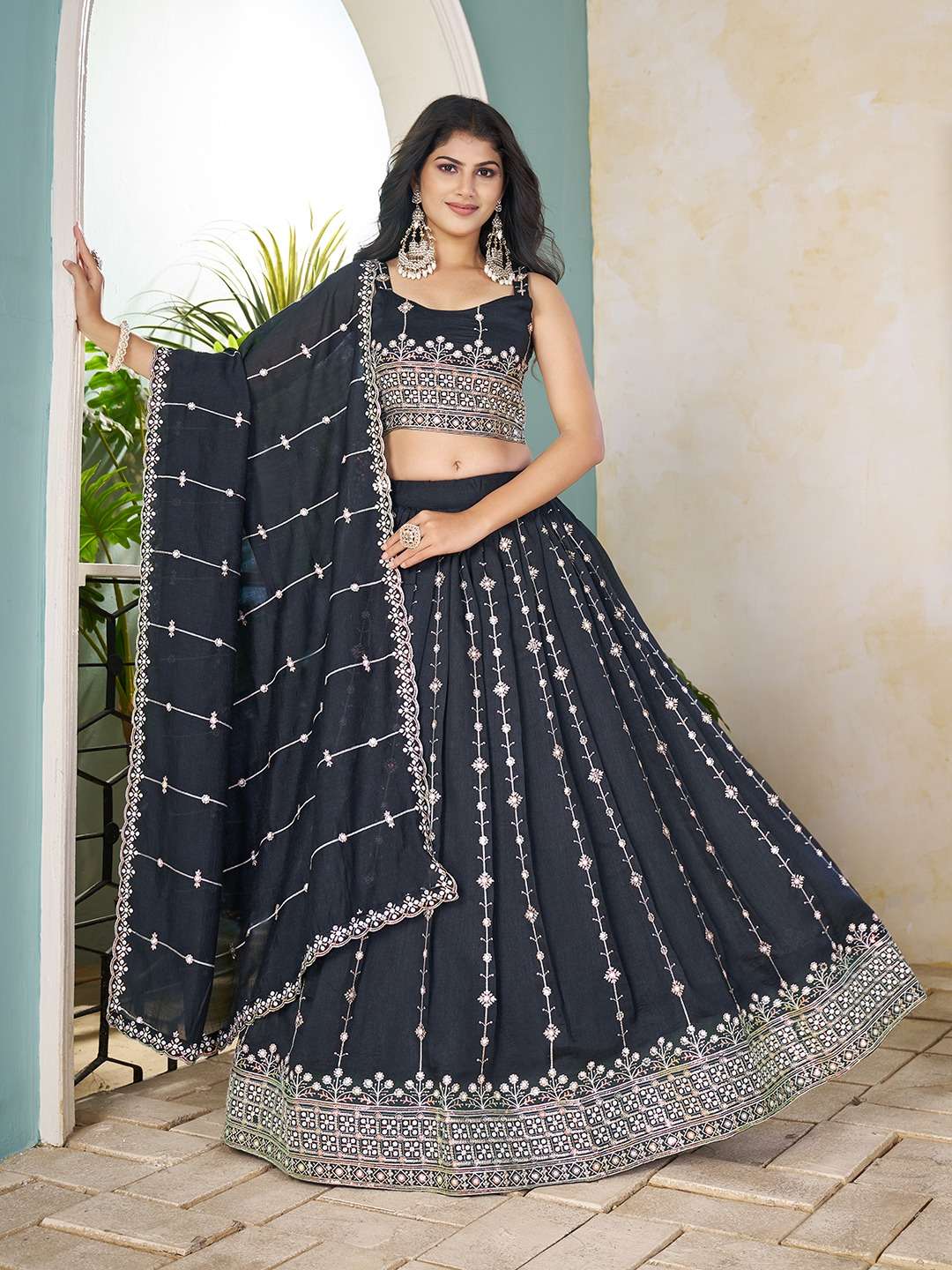 DESIGNER FANCY WEDDING PARTY WEAR BLACK SILK LEHENGA CHOLI WITH SILK DUPATTA SS 3