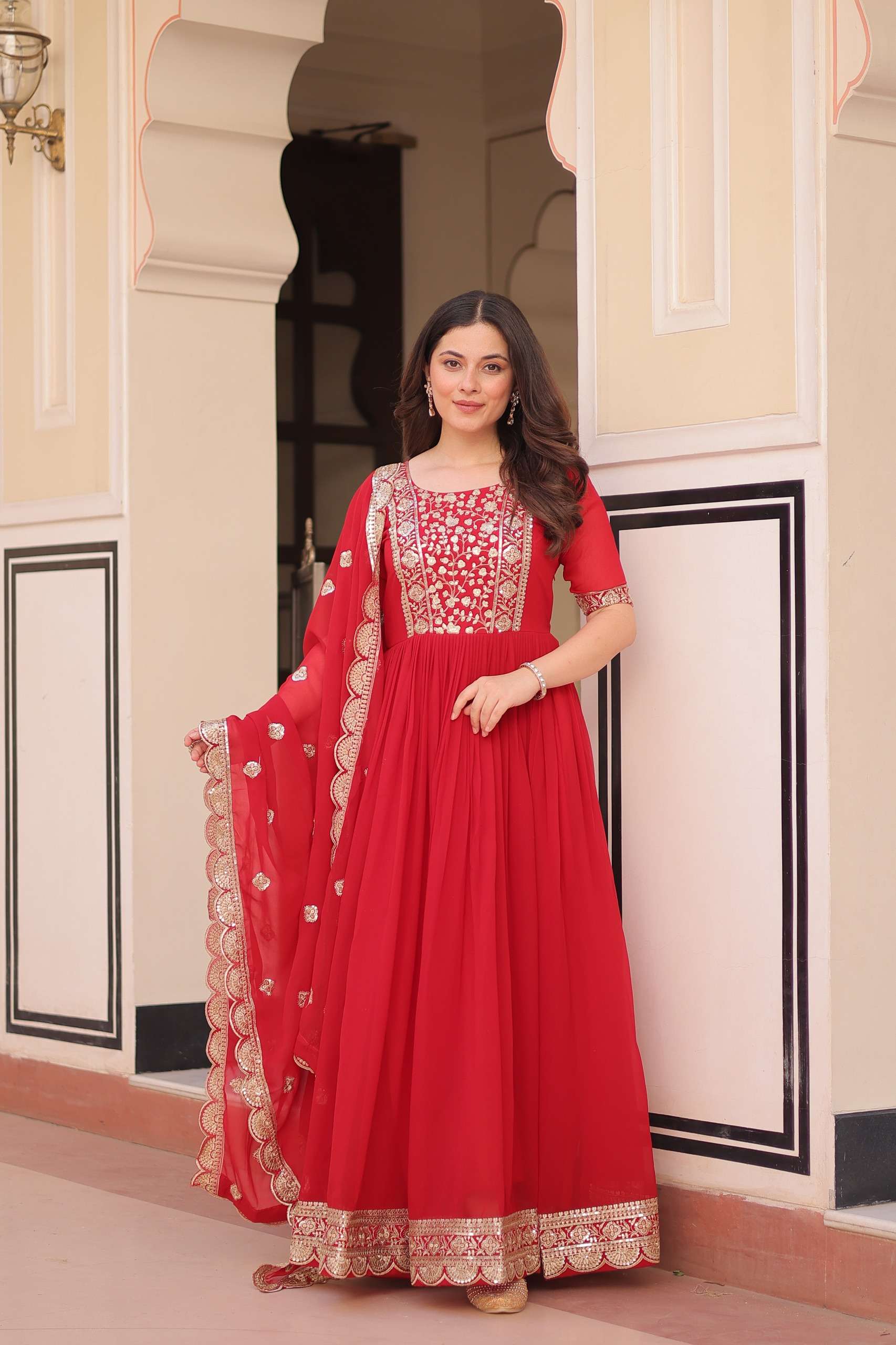 DESIGNER FANCY WEDDING PARTY WEAR BLOOMING GEORGETTE READYMADE RED ANARKALI GOWN KU 1177 B