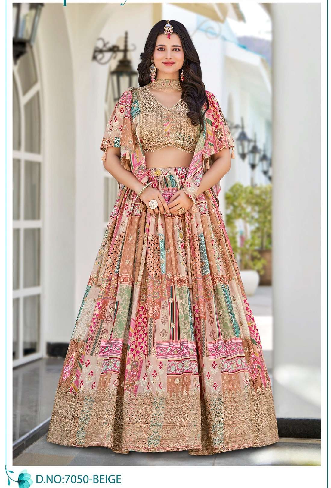 DESIGNER FANCY WEDDING PARTY WEAR CHINON SILK BEIGE LEHENGA CHOLI WITH DUPATTA ZC 7050 A