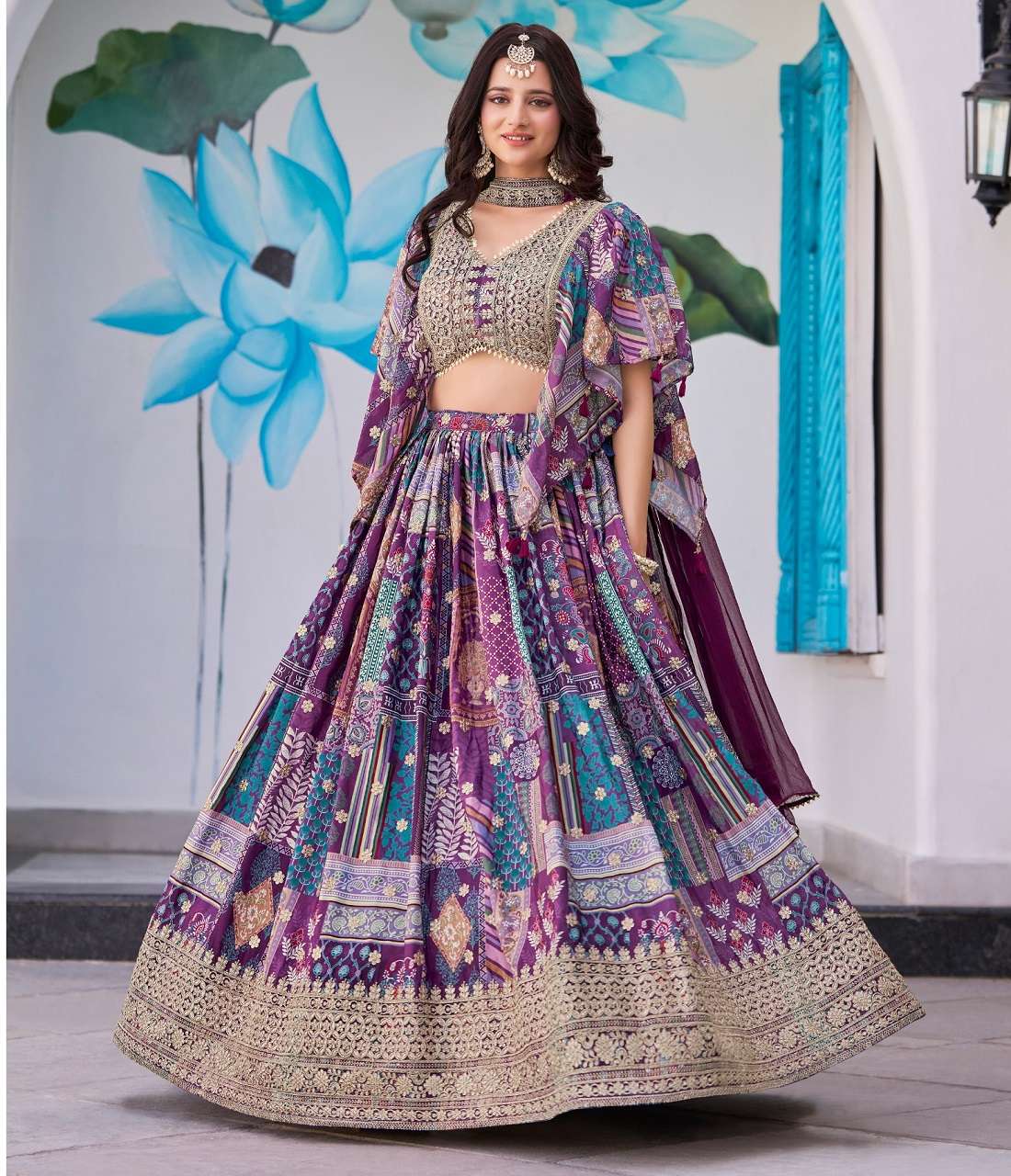 DESIGNER FANCY WEDDING PARTY WEAR CHINON SILK PURPLE LEHENGA CHOLI WITH DUPATTA ZC 7050 E