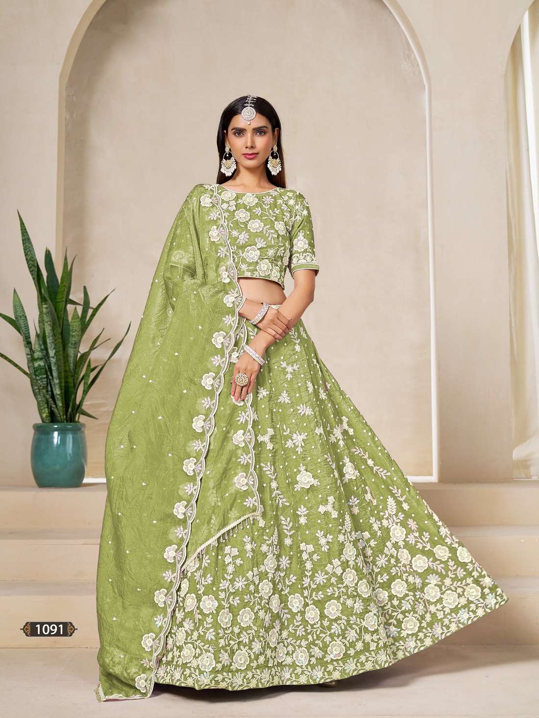 DESIGNER FANCY WEDDING PARTY WEAR CRUSH ORGANZA PISTA GREEN LEHENGA CHOLI WITH NET DUPATTA ANY MEHVISH 1091