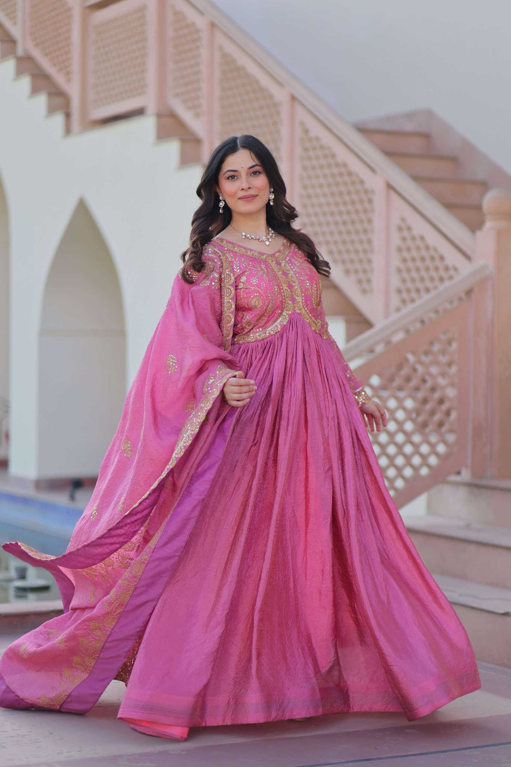 DESIGNER FANCY WEDDING PARTY WEAR CRUSH PINK SILK READYMADE ANARKALI GOWN LW 9240 A