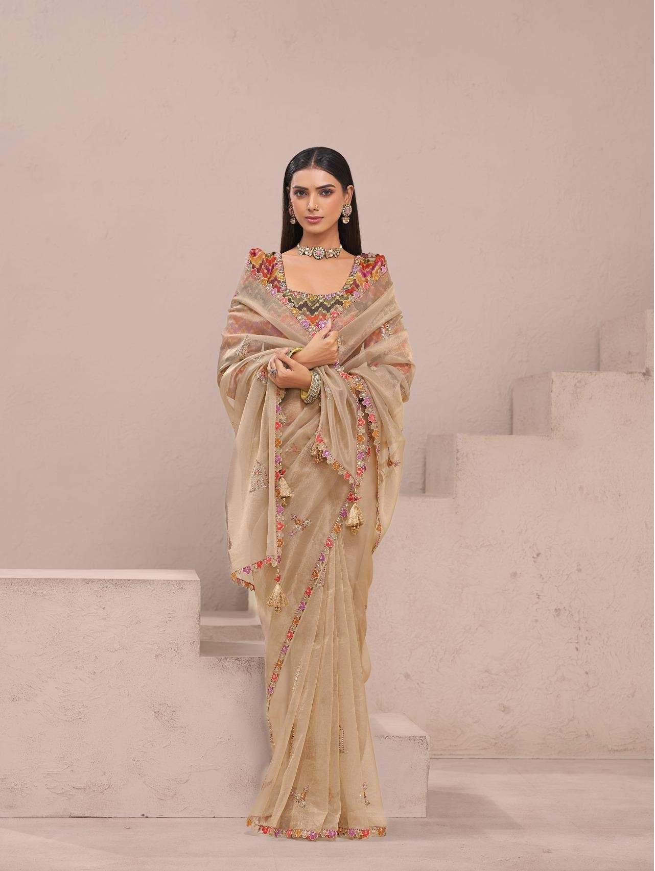 DESIGNER FANCY WEDDING PARTY WEAR FANCY SILK BEIGE SAREE COLLECTION SM TATHASTU 7702