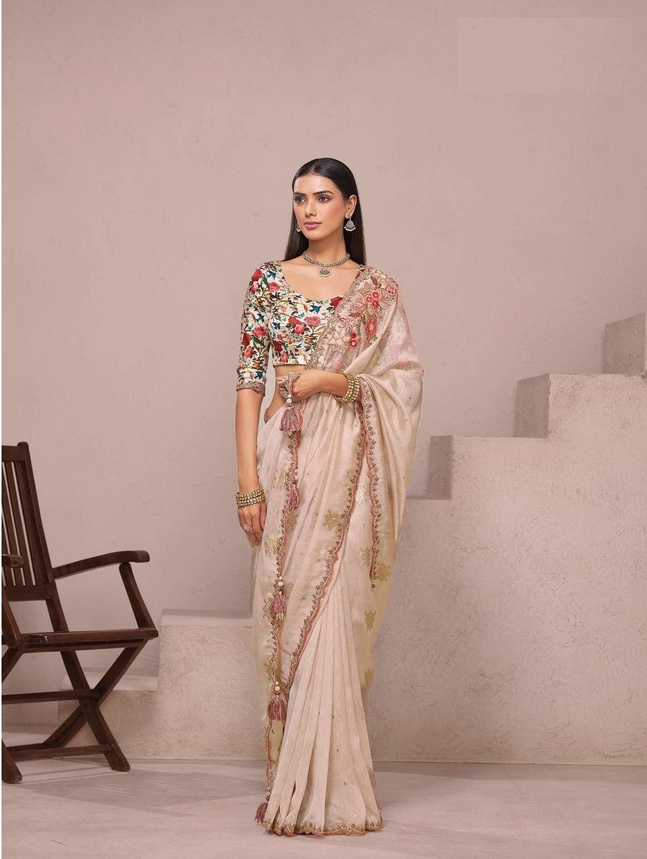 DESIGNER FANCY WEDDING PARTY WEAR FANCY SILK BEIGE SAREE COLLECTION SM TATHASTU 7709