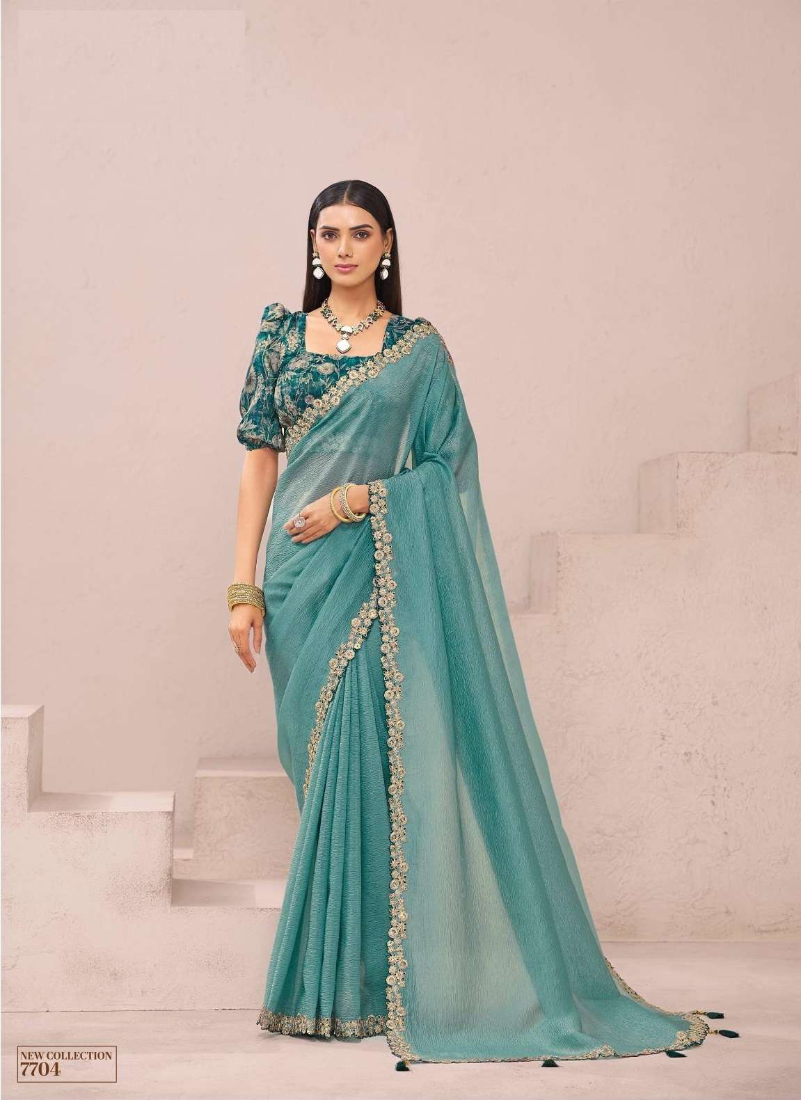 DESIGNER FANCY WEDDING PARTY WEAR FANCY SILK SEA BLUE SAREE COLLECTION SM TATHASTU 7704