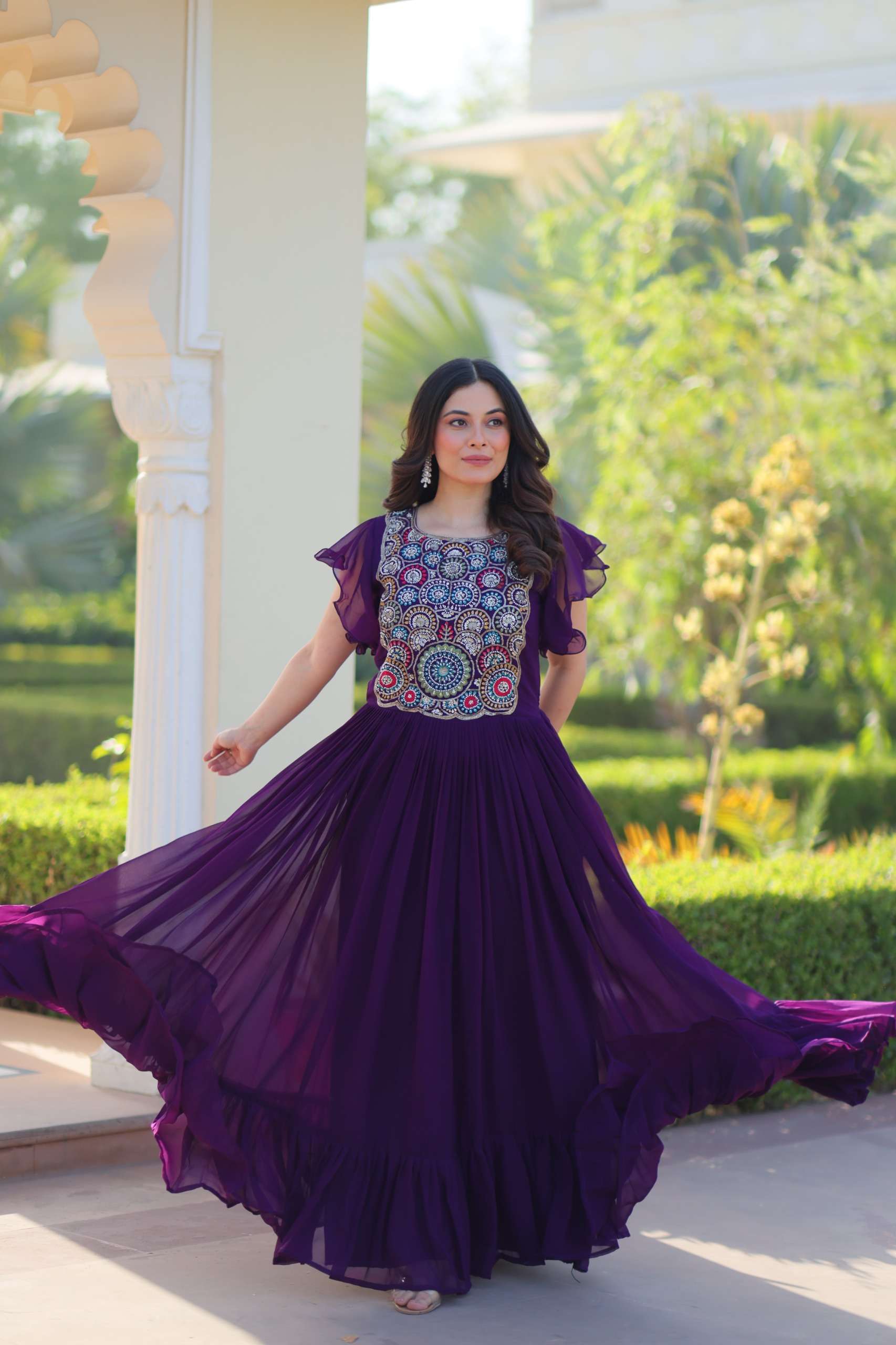 DESIGNER FANCY WEDDING PARTY WEAR FAUX BLOOMING GEORGETTE PURPLE ANARKALI GOWN KU 1179 A