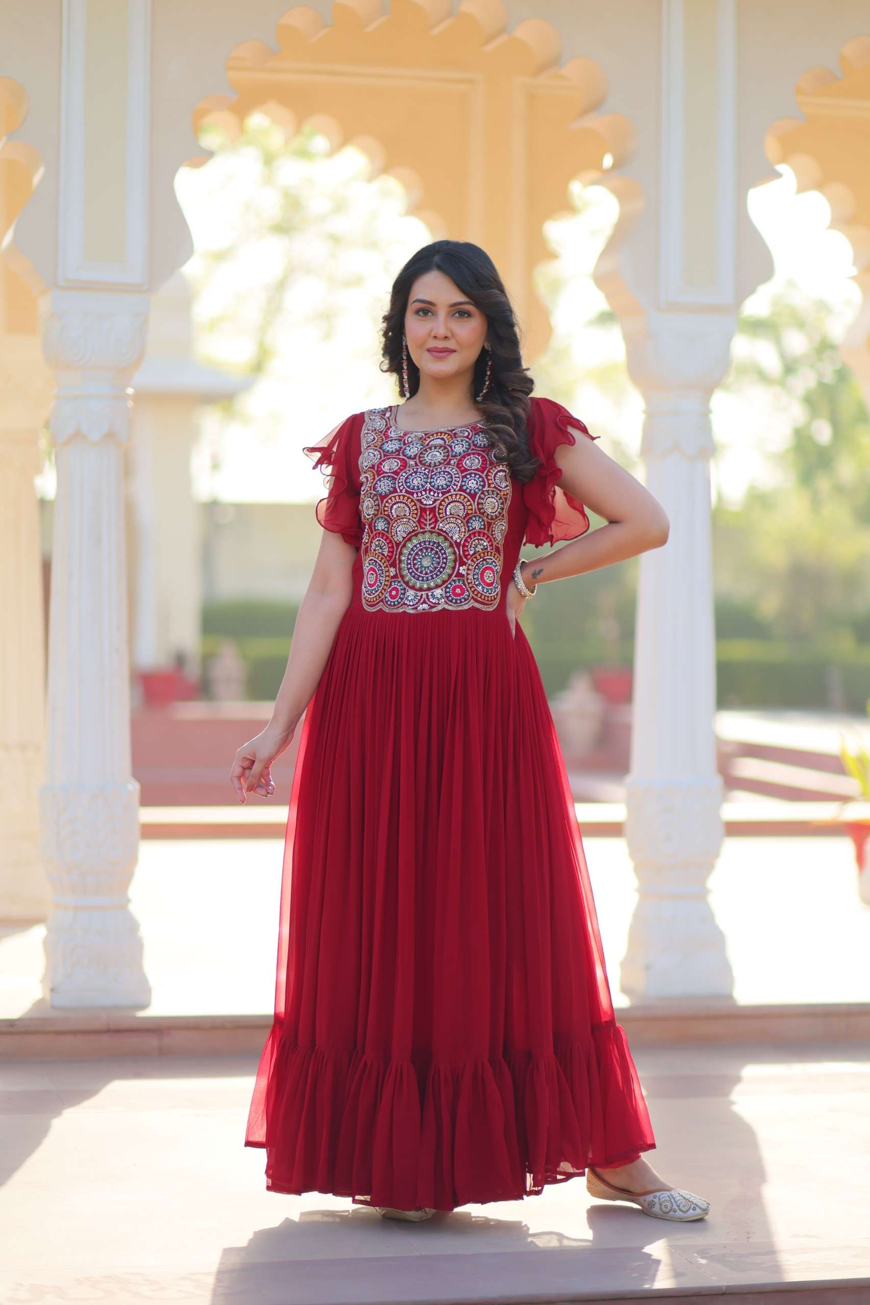DESIGNER FANCY WEDDING PARTY WEAR FAUX BLOOMING GEORGETTE RED ANARKALI GOWN KU 1179 B