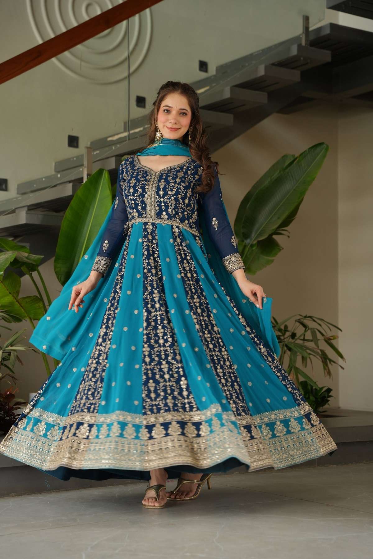 DESIGNER FANCY WEDDING PARTY WEAR FAUX BLOOMING GEORGETTE READYMADE BLUE ANARKALI GOWN LW 9250 B