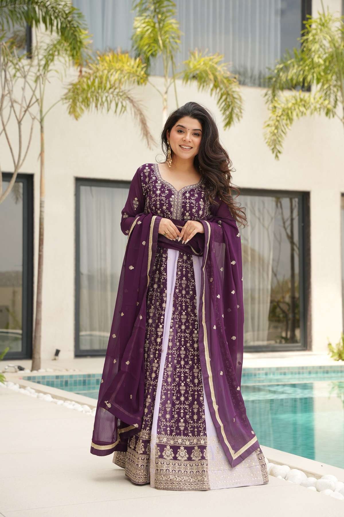 DESIGNER FANCY WEDDING PARTY WEAR FAUX BLOOMING GEORGETTE READYMADE WINE LAVENDER ANARKALI GOWN LW 9250 C