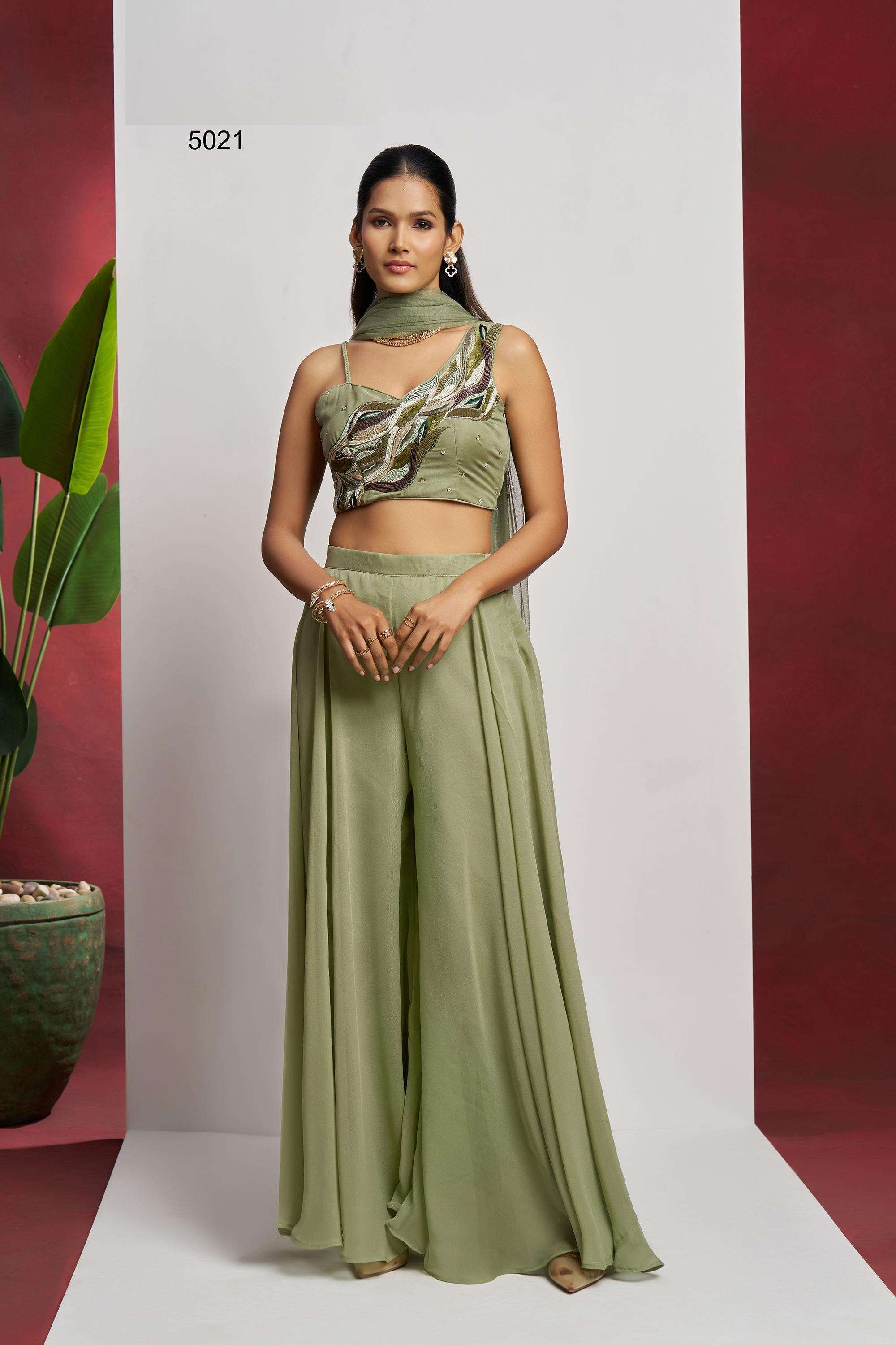 DESIGNER FANCY WEDDING PARTY WEAR GEORGETTE READYMADE GREEN SHARARA SALWAR SUIT ALZ 5021